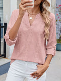 Eyelet Notched Roll-Tab Sleeve Top For Everyday Casual Wear - Southern Shores Clothing