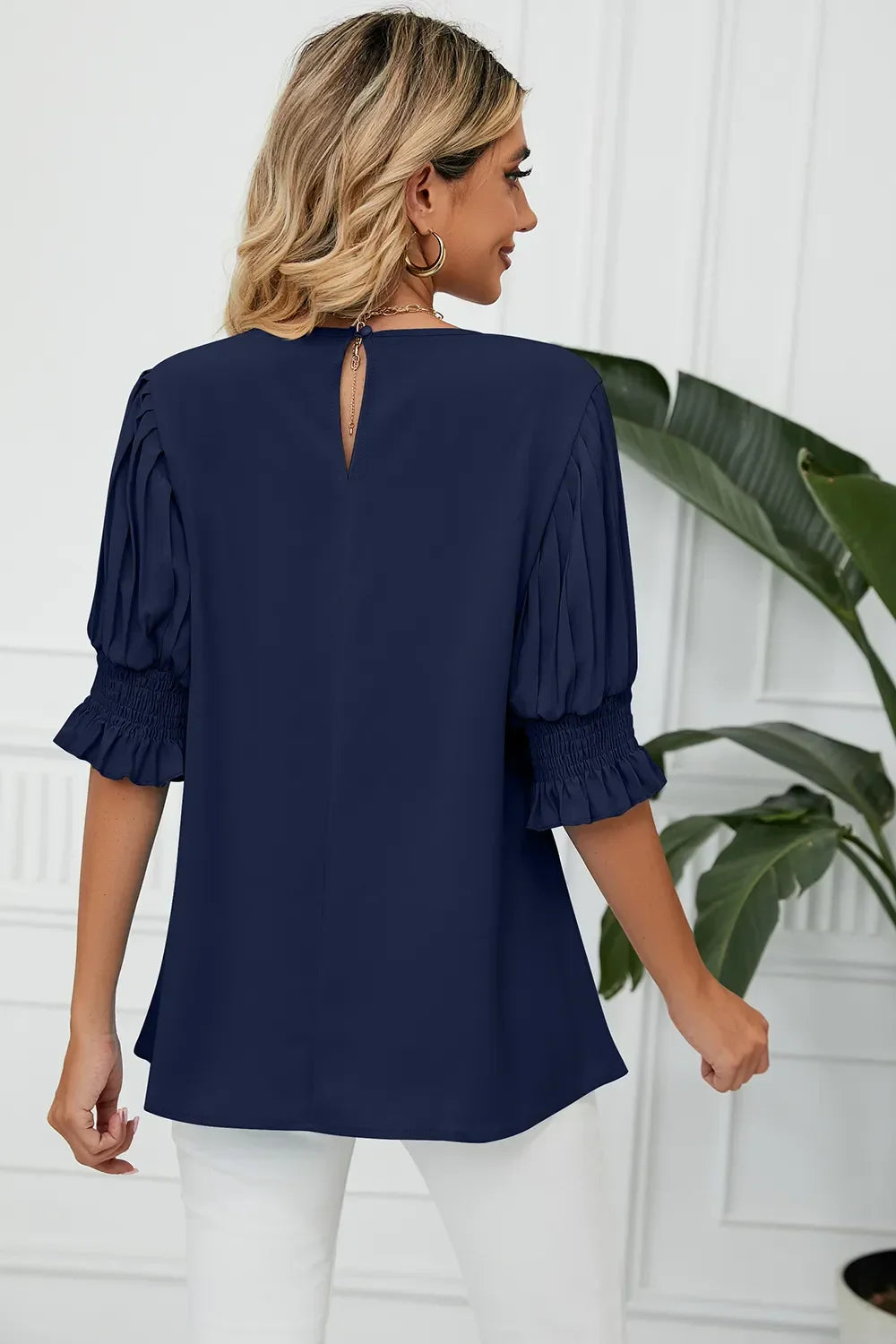Frill Round Neck Lantern Sleeve T Shirt - Southern Shores Clothing