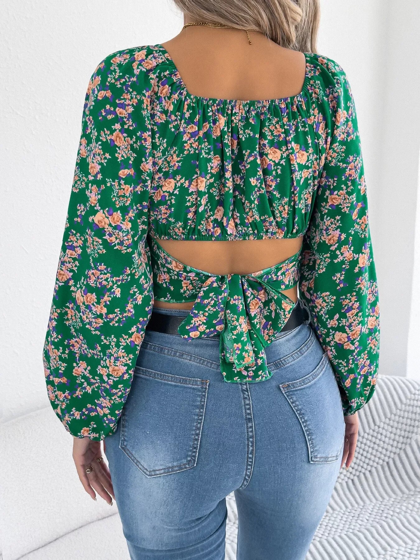 Floral Balloon Sleeve Square Neck Crop Blouse - Southern Shores Clothing