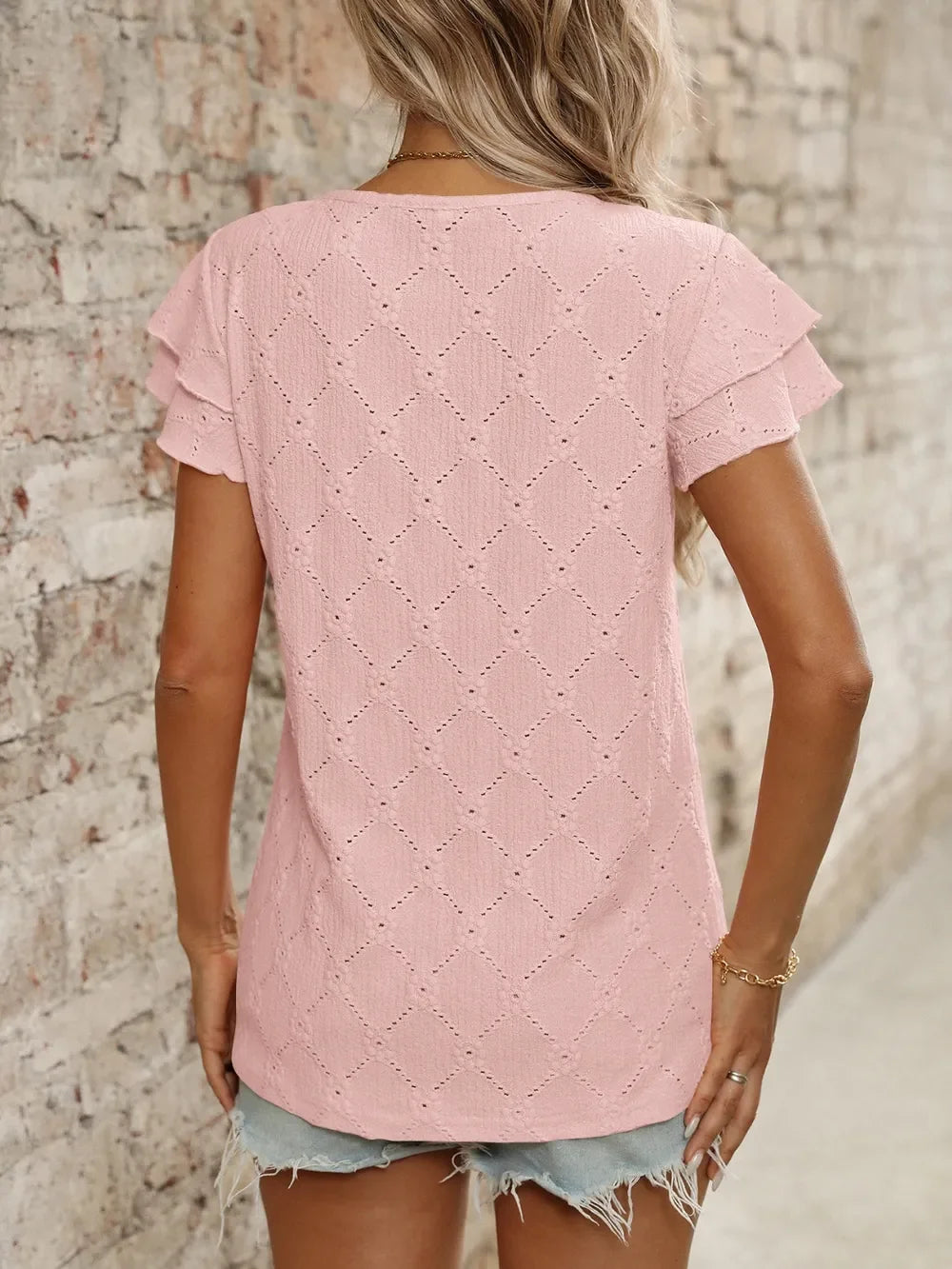Eyelet Round Neck Ruffled Short Sleeve Top - Southern Shores Clothing