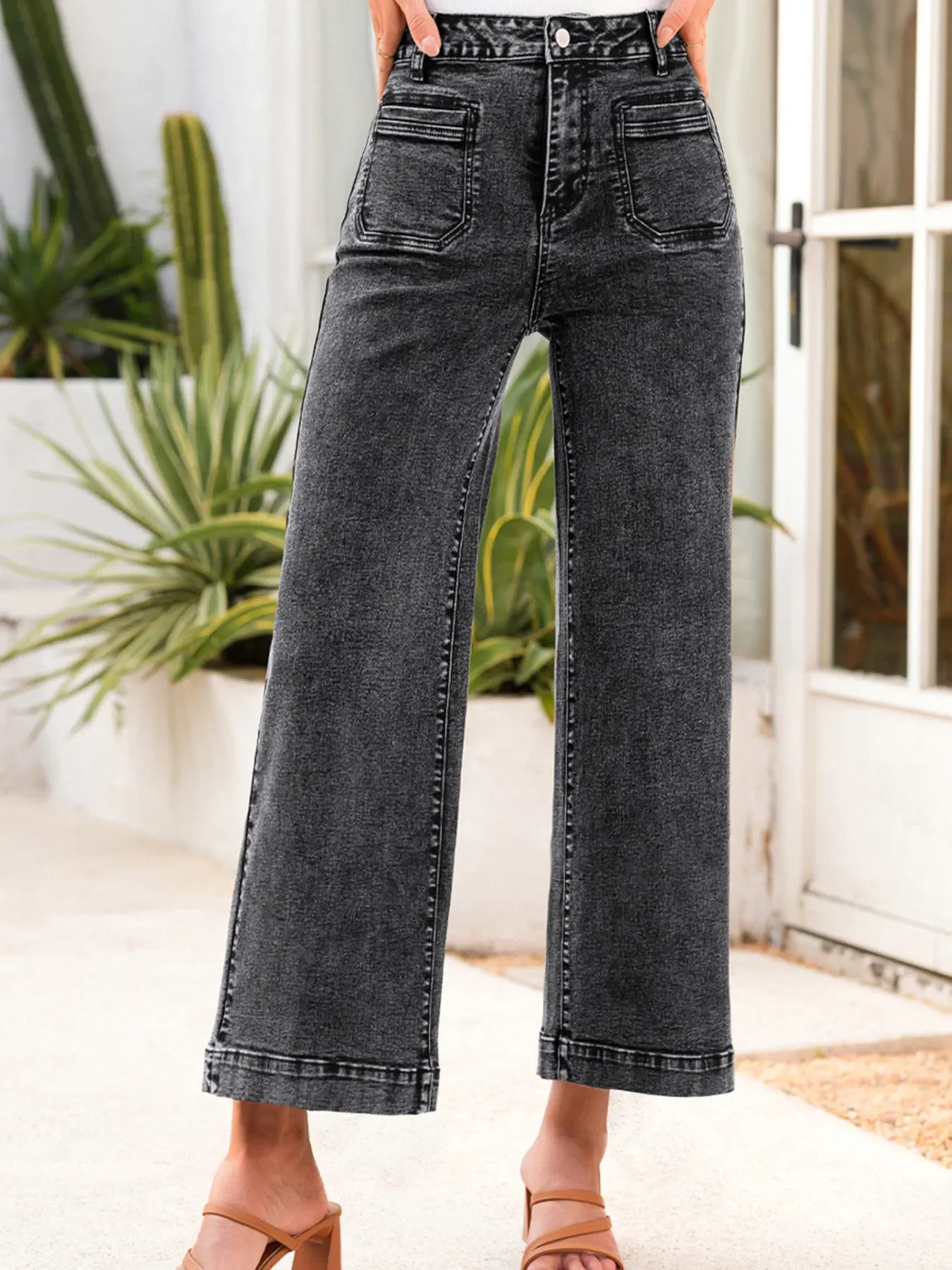 High Waisted Wide Leg Washed Denim Jeans