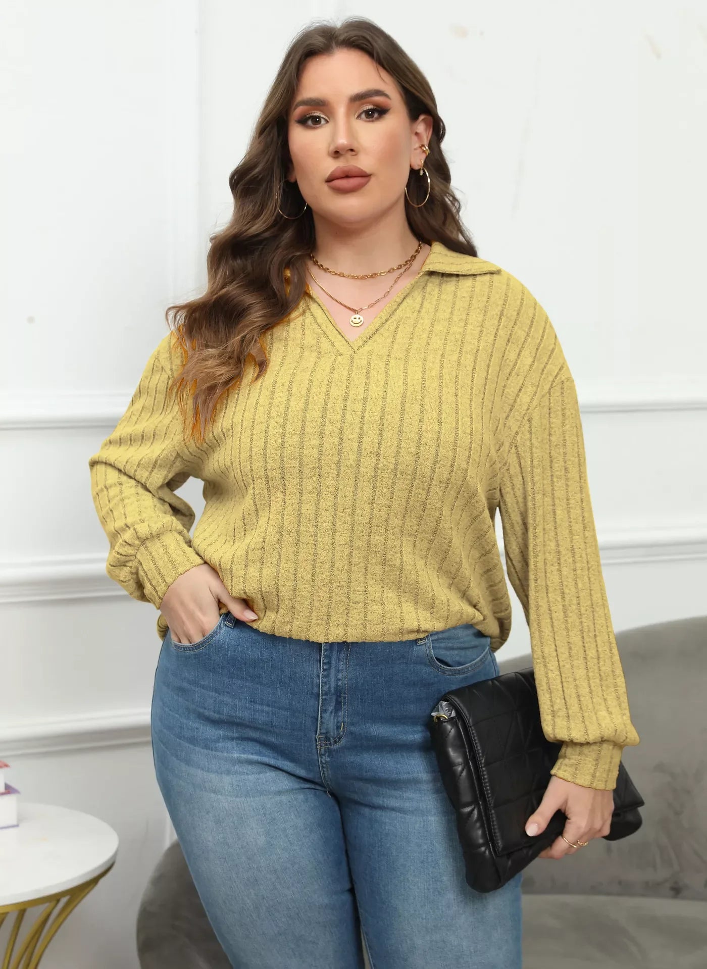 Plus Size Ribbed Knit Polo Collar T Shirt - Southern Shores Clothing