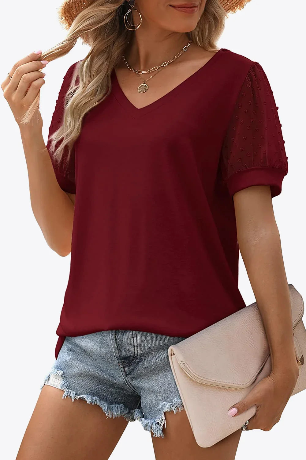 Swiss Dot Puff Sleeve V-Neck Tee With Dot Detailing - Southern Shores Clothing