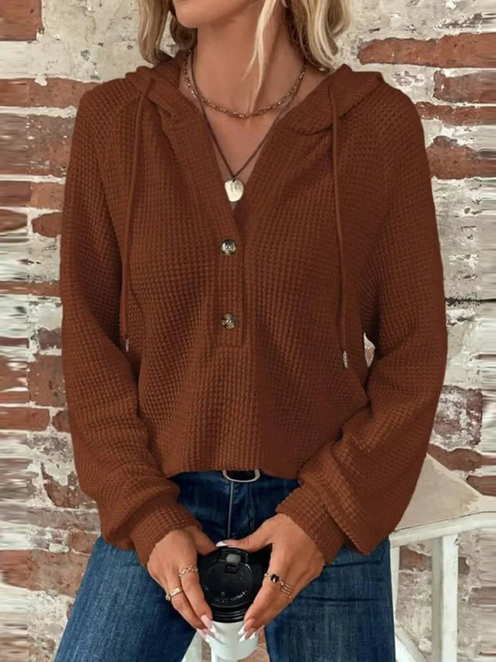 Waffle Knit Long Sleeve Drawstring Hooded Top - Southern Shores Clothing