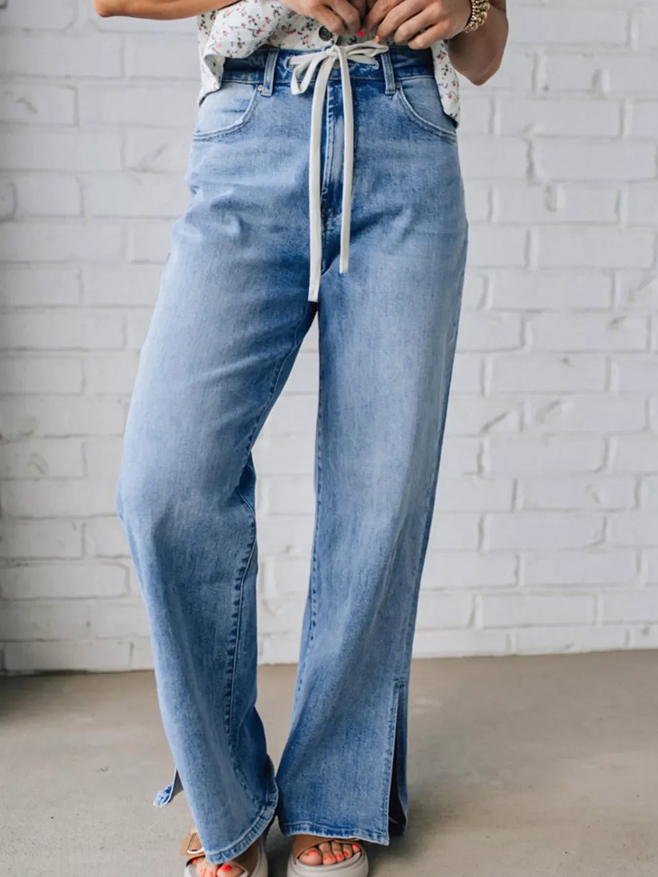 Coastal Wide Leg Slit Denim Jeans With Adjustable Drawstring - Southern Shores Clothing