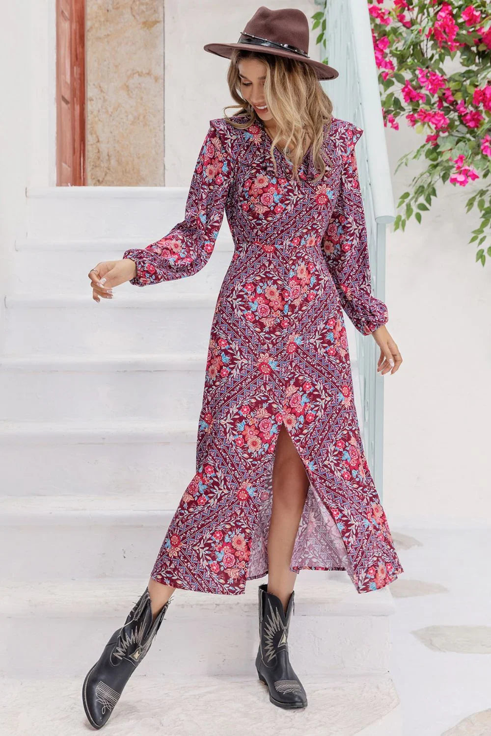 Printed Long Sleeve Slit Midi Dress - Southern Shores Clothing