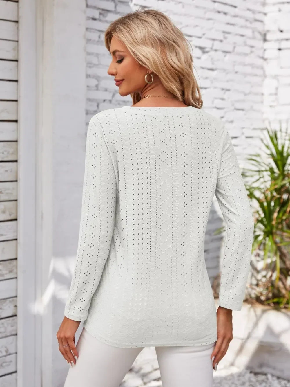 V Neck Openwork T Shirt With Decorative Buttons - Southern Shores Clothing