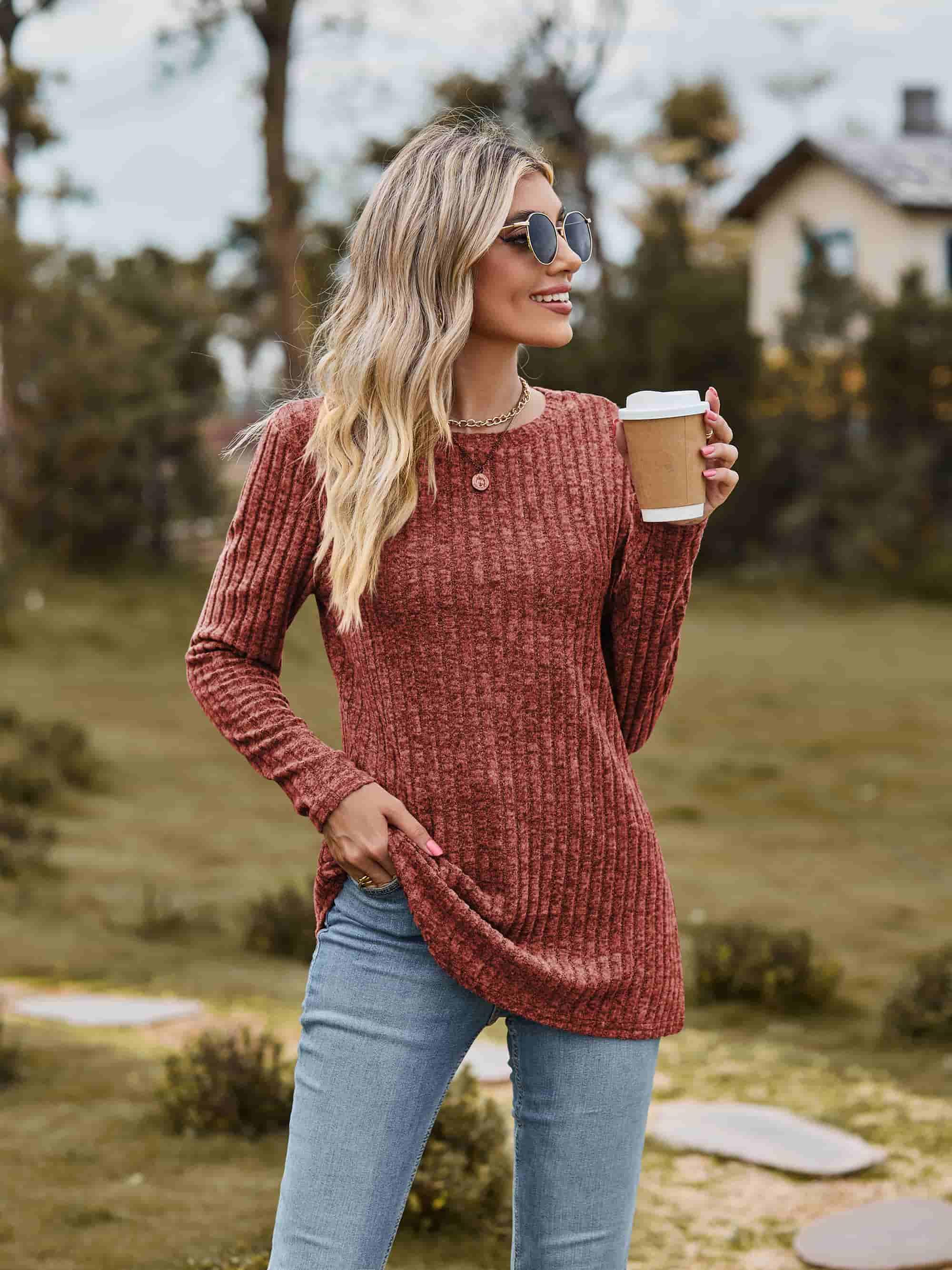Ribbed Round Neck Long Sleeve Tee For Everyday Wear - Southern Shores Clothing
