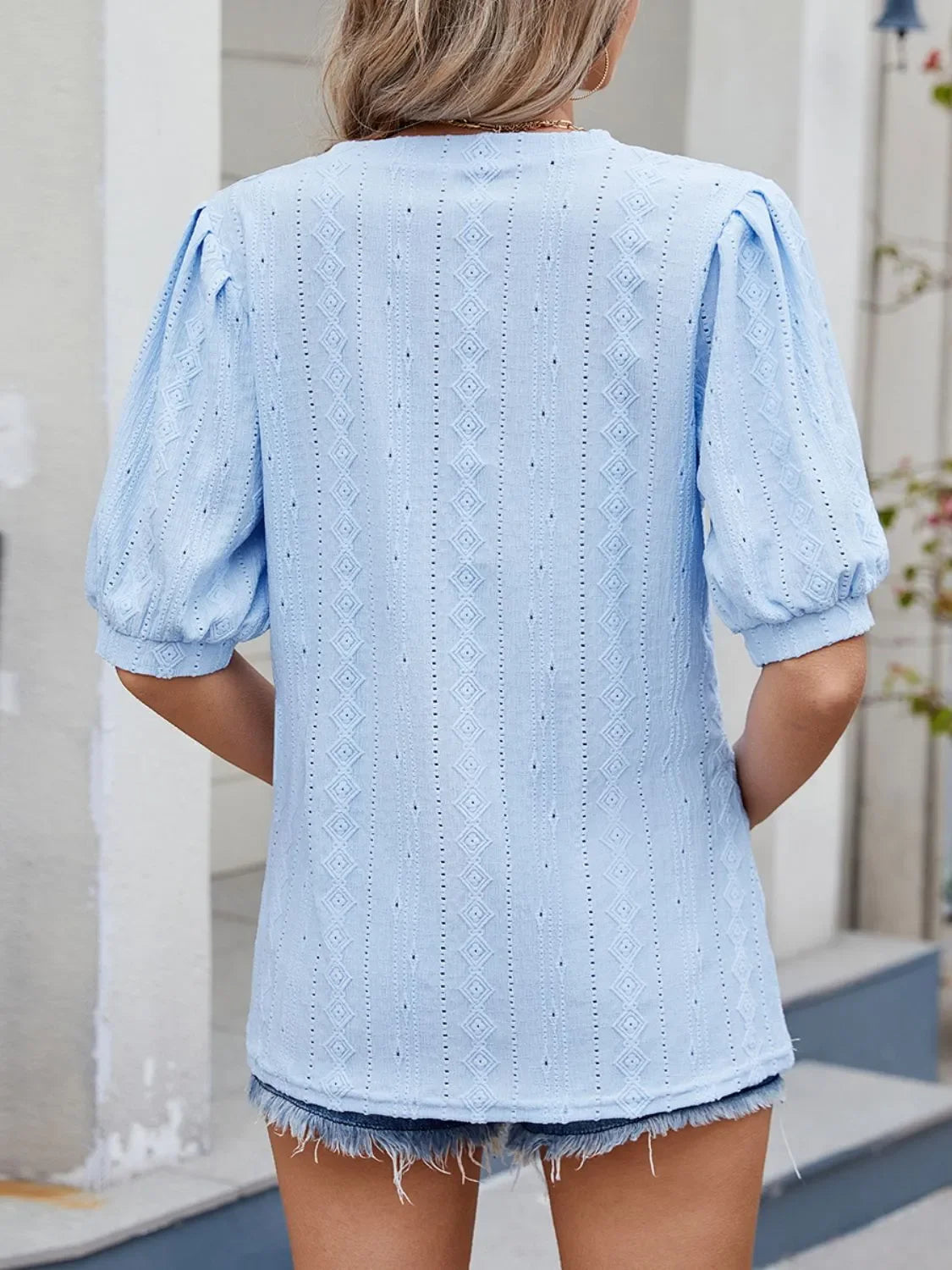 Puff Sleeve V-Neck Eyelet Lace Stretch T Shirt - Southern Shores Clothing