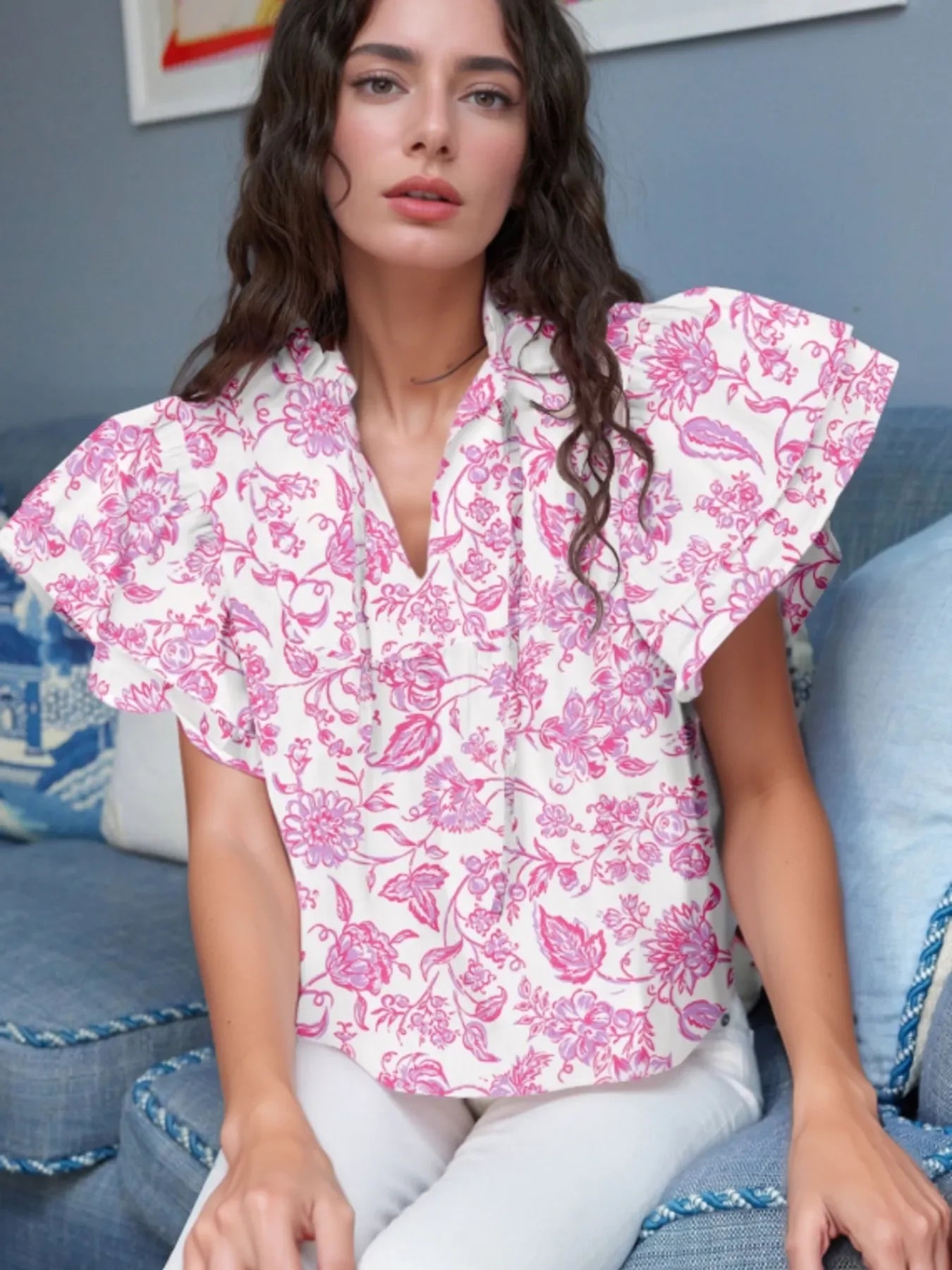 Southern Shores Clothing 100% Polyester Floral Butterfly Sleeve Blouse With Tied Ruffles - Southern Shores Clothing