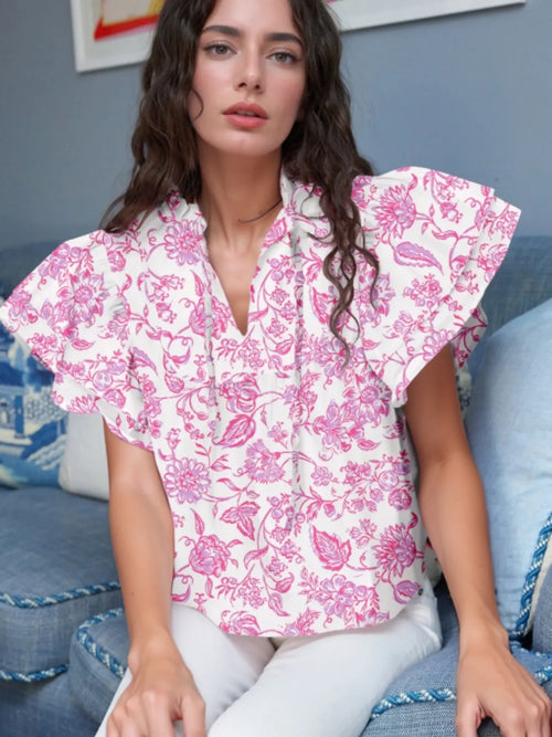 Southern Shores Clothing 100% Polyester Floral Butterfly Sleeve Blouse With Tied Ruffles - Southern Shores Clothing