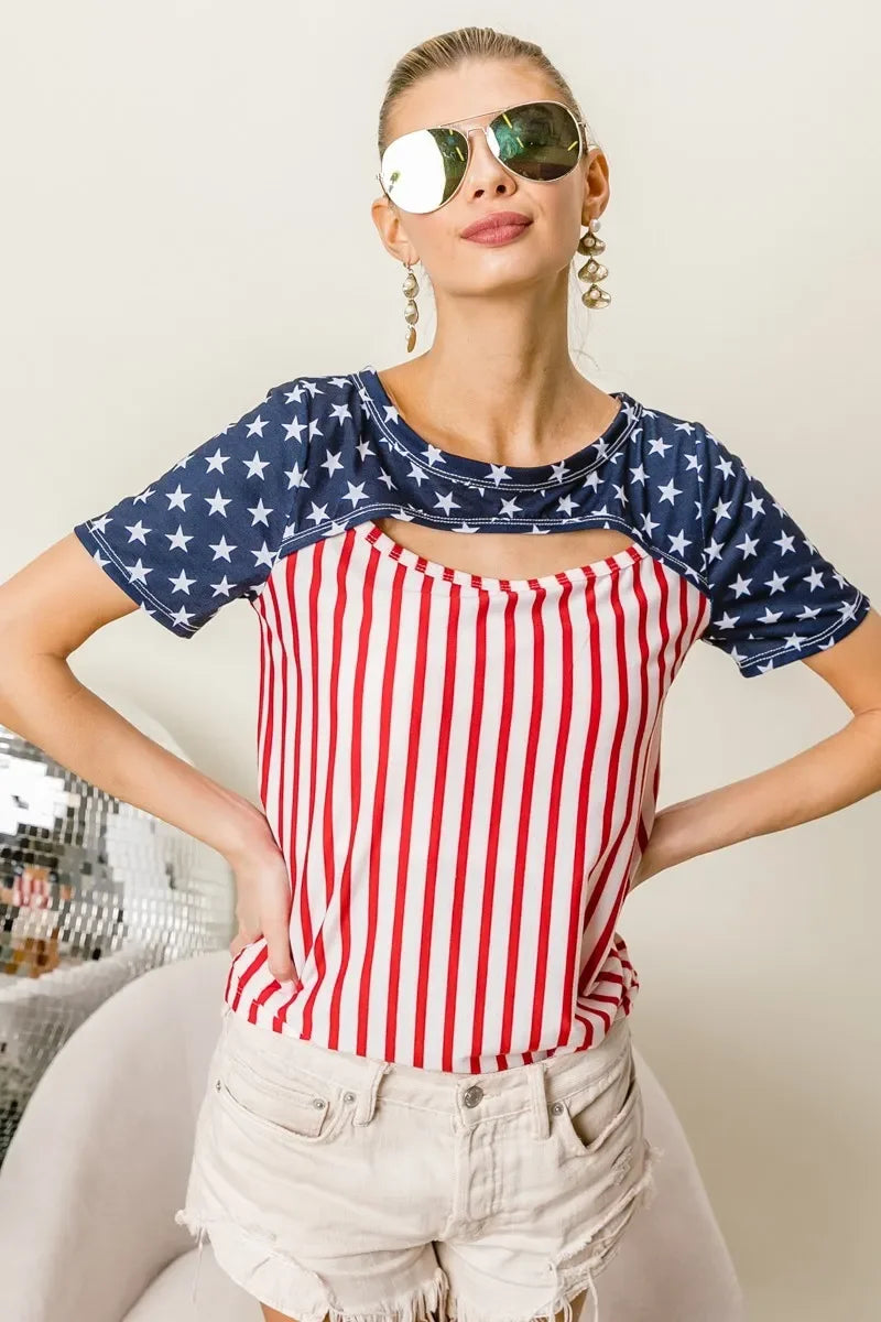 American Flag Front Cut Out T Shirt Top Lightweight - Southern Shores Clothing