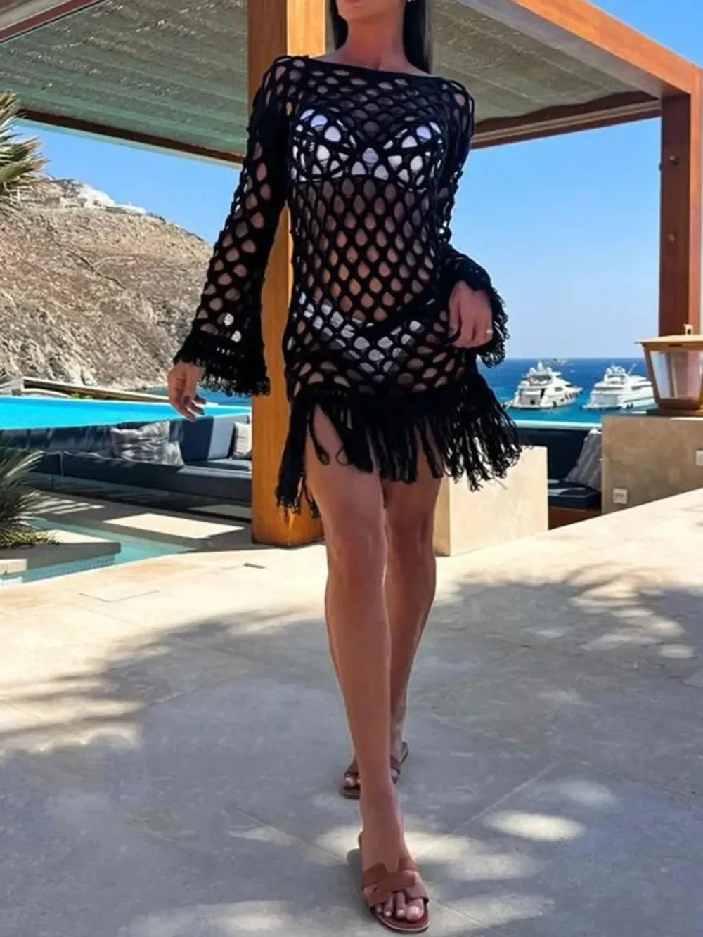 Chic Fringe Cutout Long Sleeve Swim Cover Up - Southern Shores Clothing