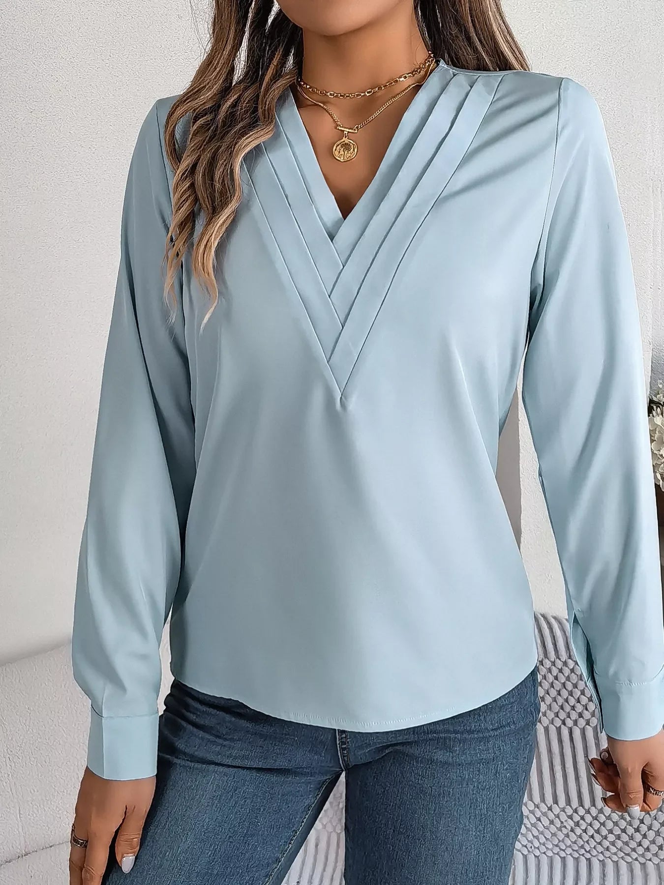 Layered V-Neck Long Sleeve Polyester Blouse - Southern Shores Clothing