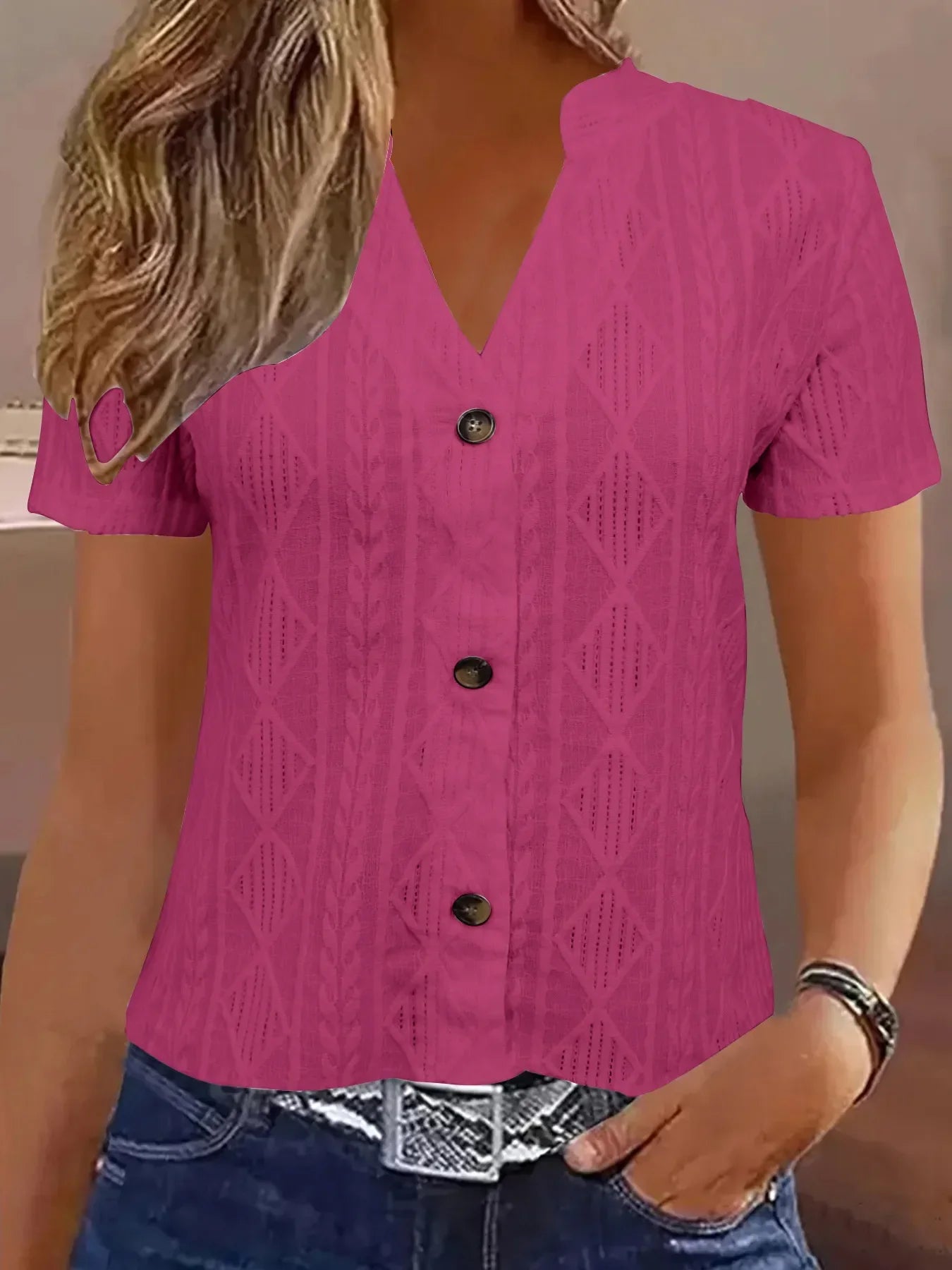 Textured Notched Short Sleeve Ribbed Buttoned Blouse - Southern Shores Clothing