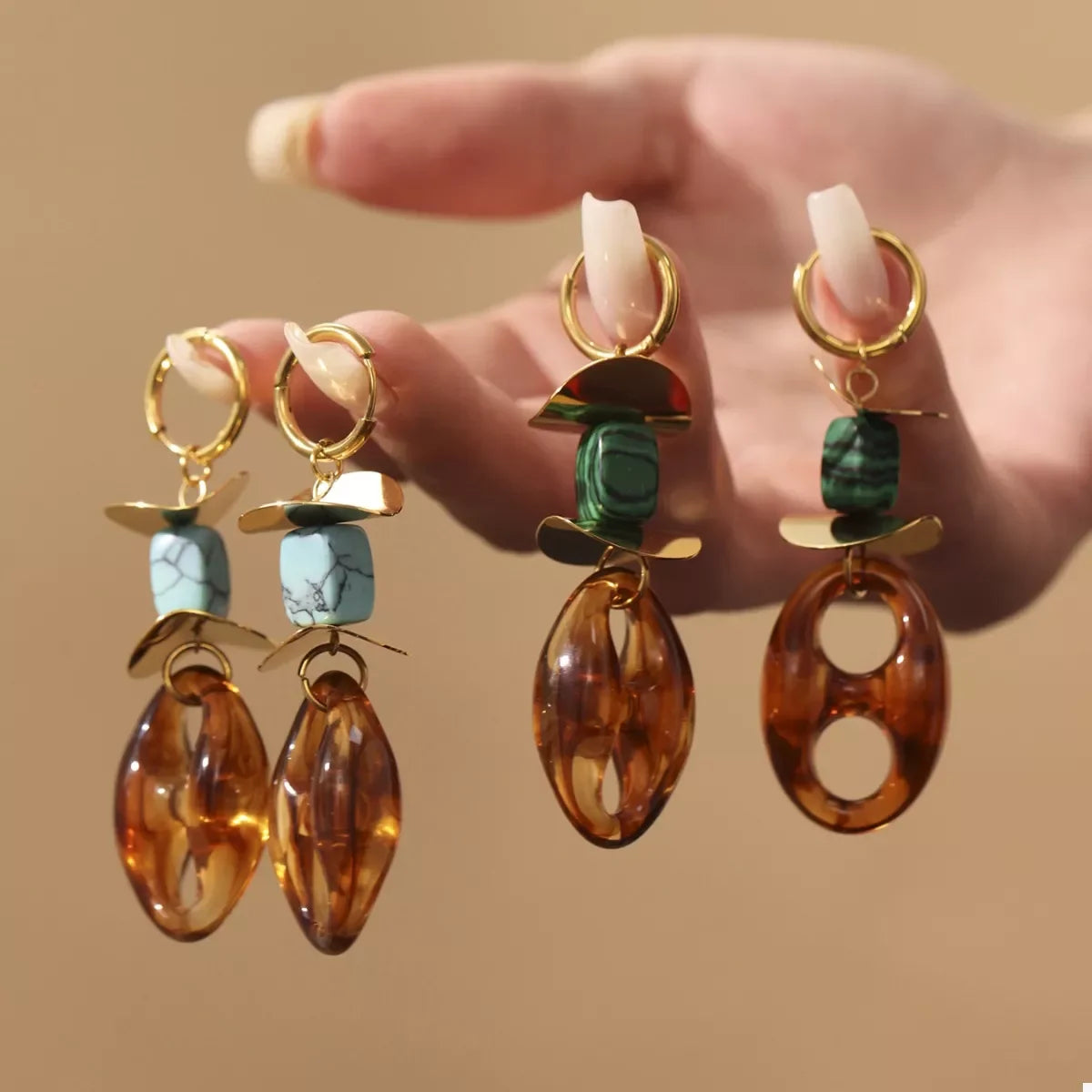 Geometric Drop Earrings With Turquoise In 18K Gold-Plated - Southern Shores Clothing