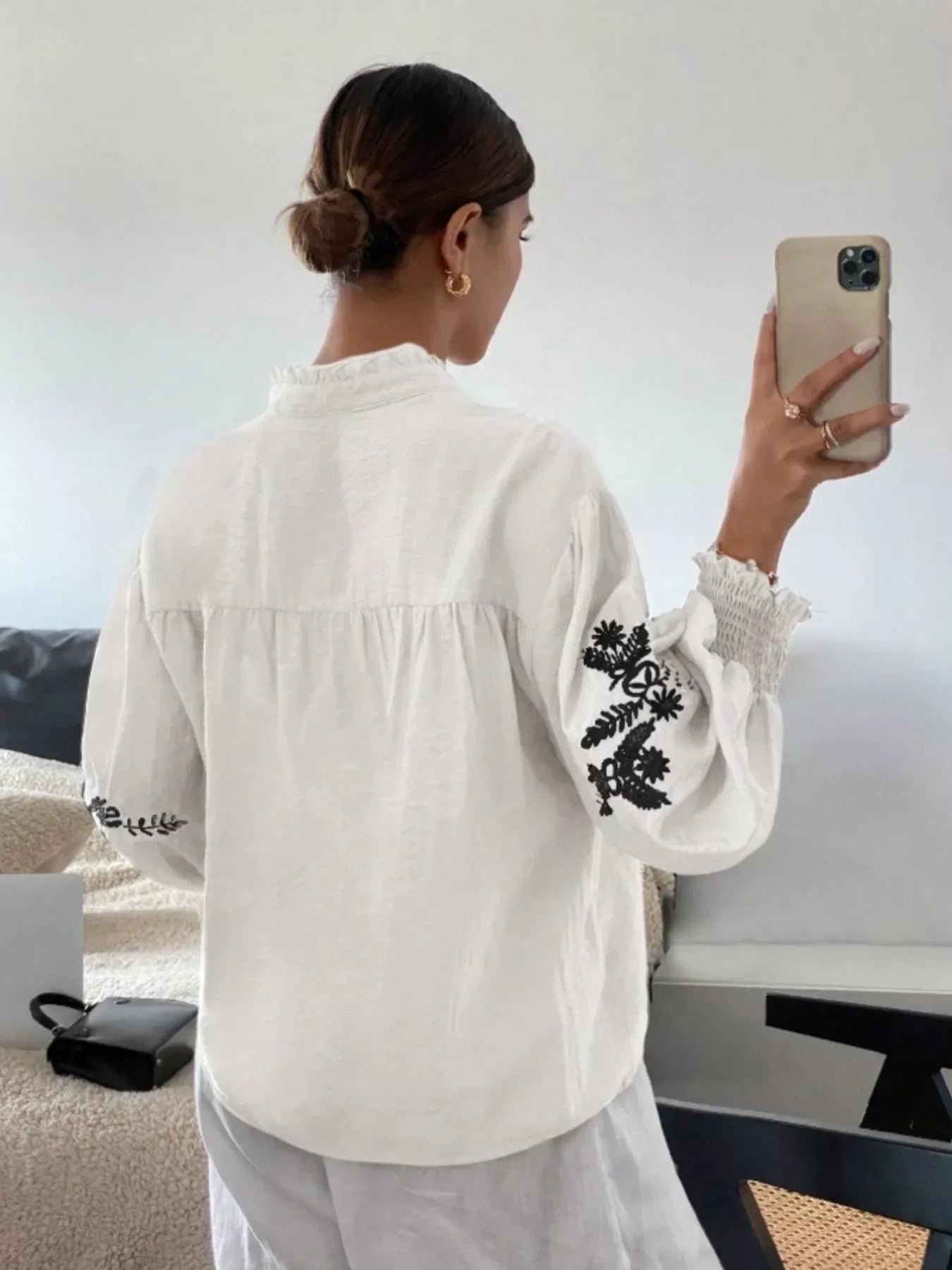 Southern Shores Elegant Embroidered Long Sleeve Buttoned Polyester Blouse With Je T'aime Design - Southern Shores Clothing