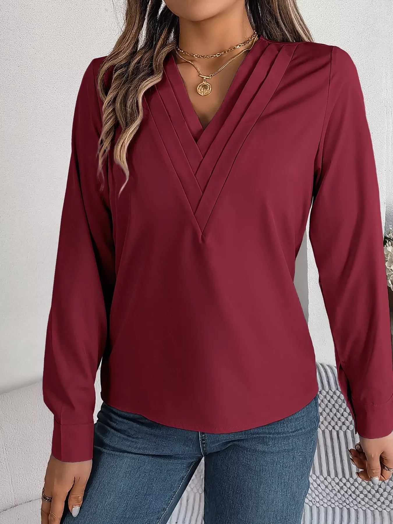 Layered V-Neck Long Sleeve Polyester Blouse - Southern Shores Clothing