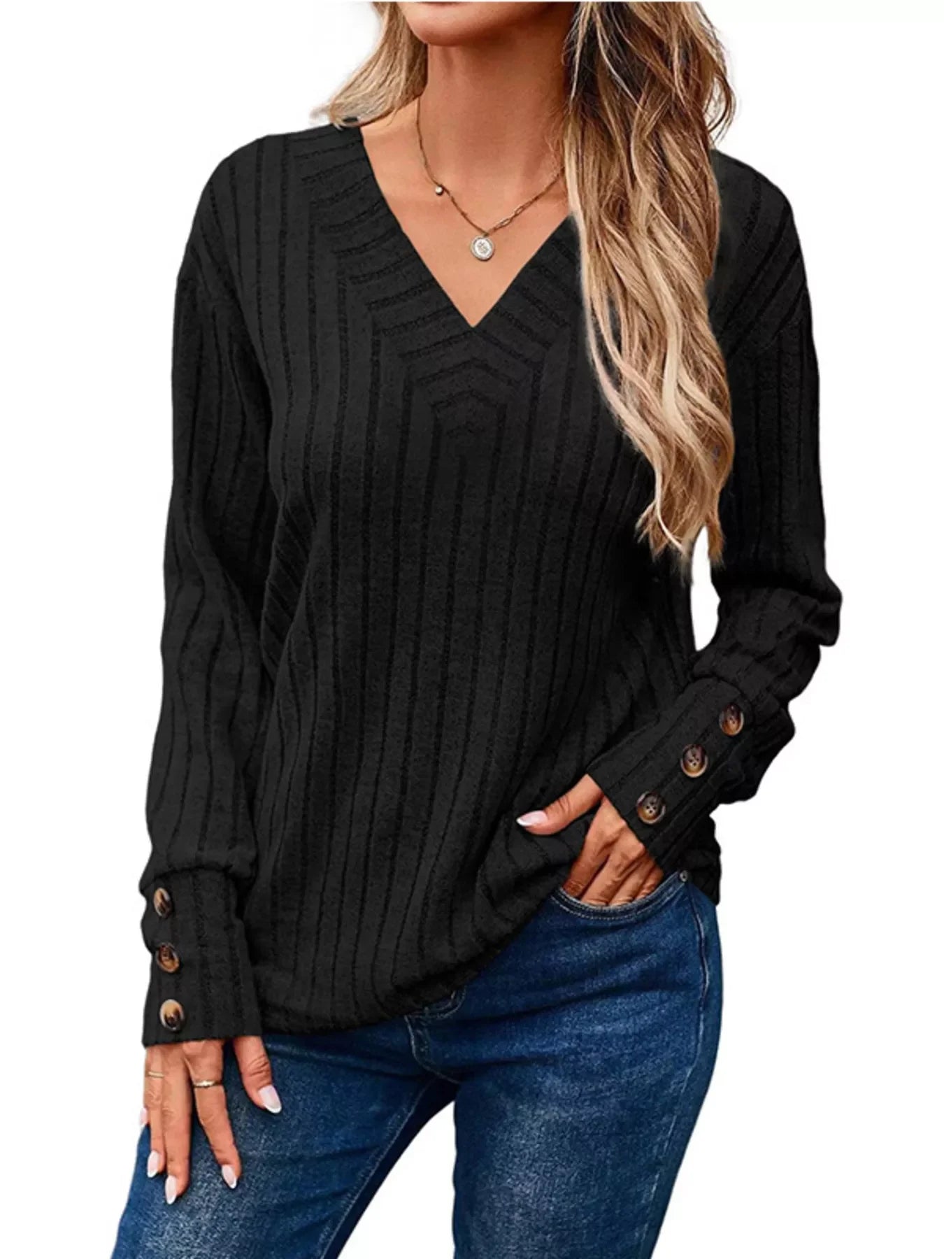 Ribbed V-Neck Long Sleeve Buttoned Stretchy Top - Southern Shores Clothing