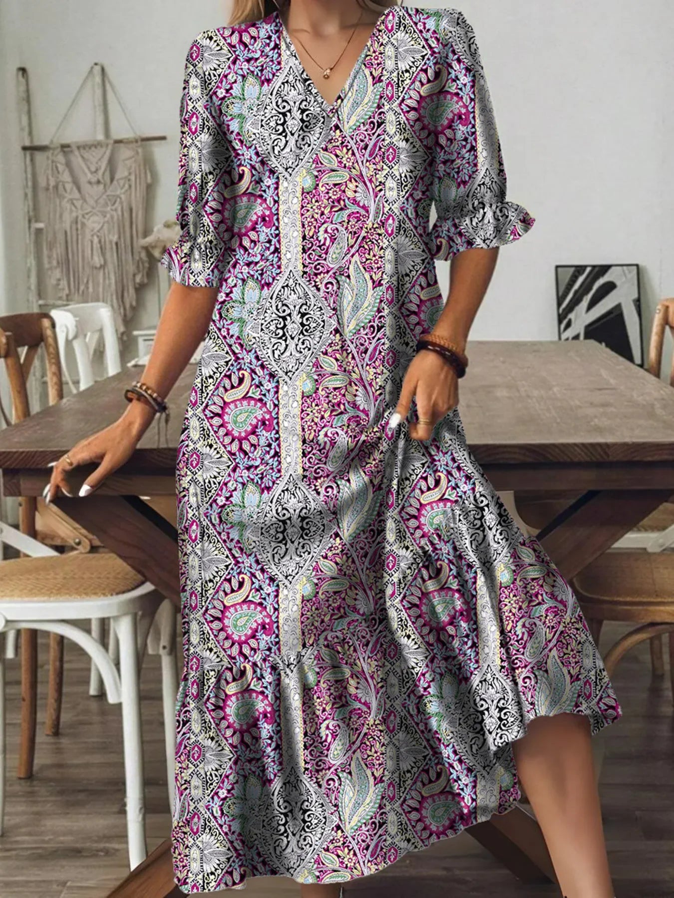 Bohemian Paisley Print V Neck Tiered Midi Dress Pattern - Southern Shores Clothing