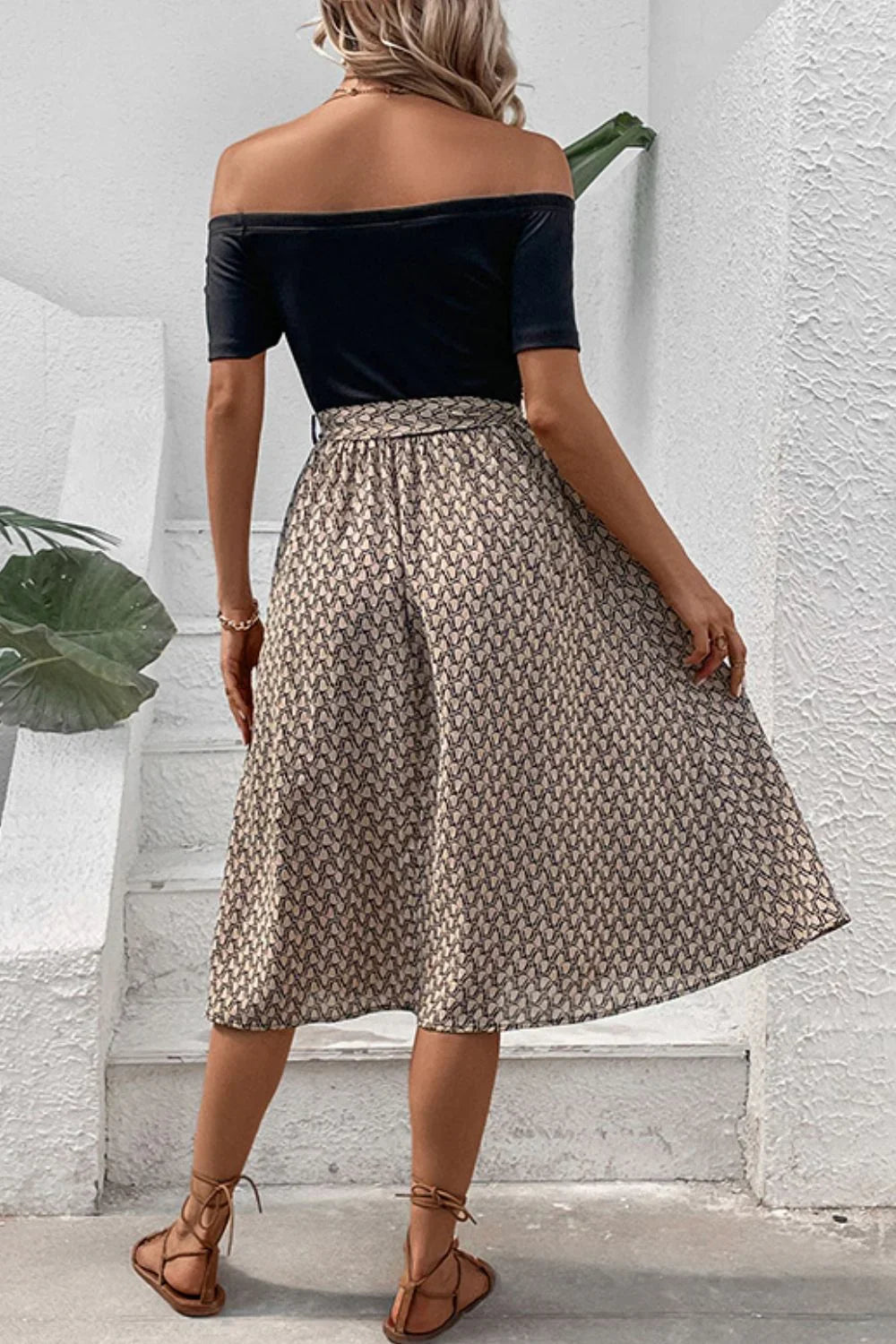 Perfee Printed Tie Belt Off-Shoulder Dress - Southern Shores Clothing
