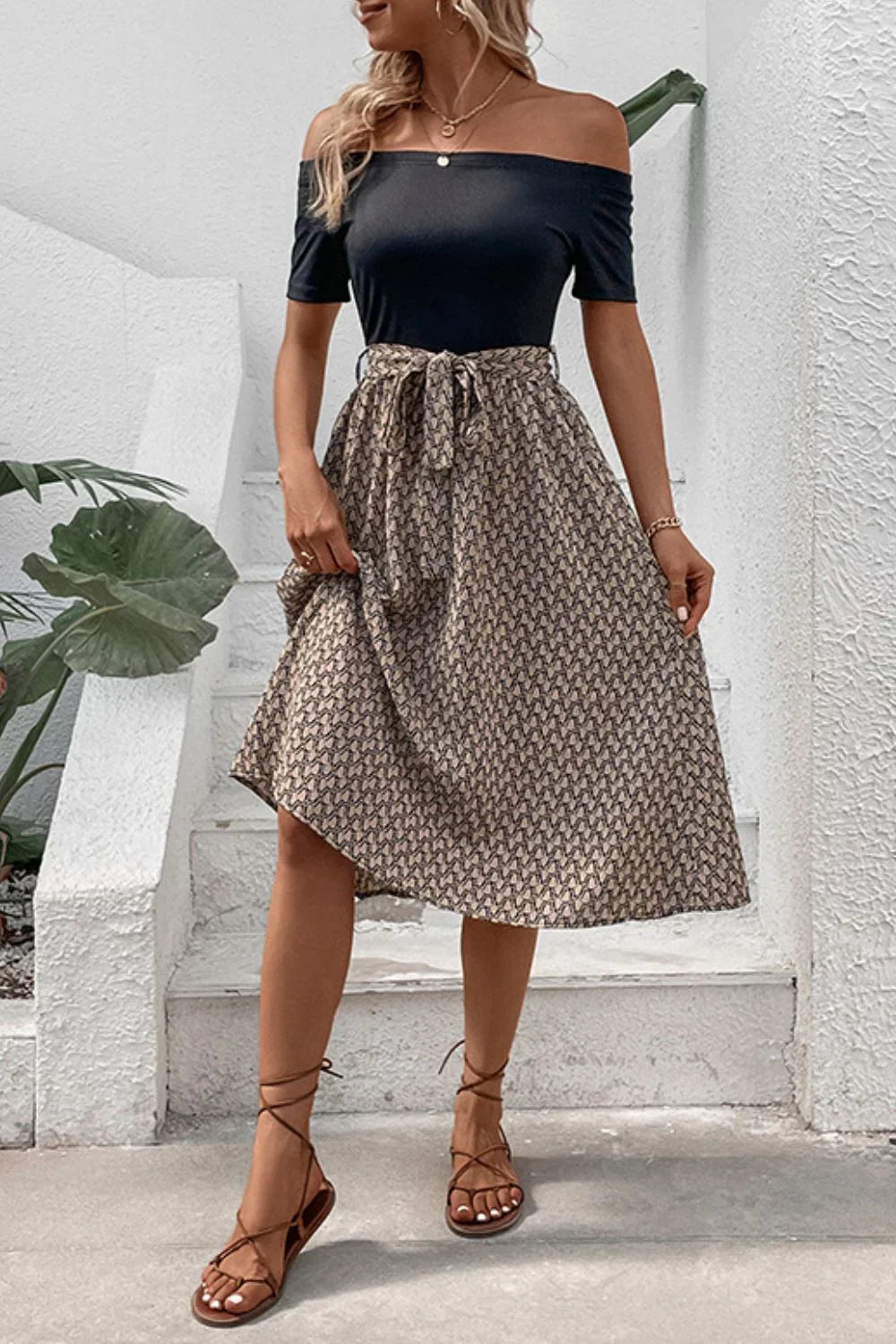 Perfee Printed Tie Belt Off-Shoulder Dress - Southern Shores Clothing