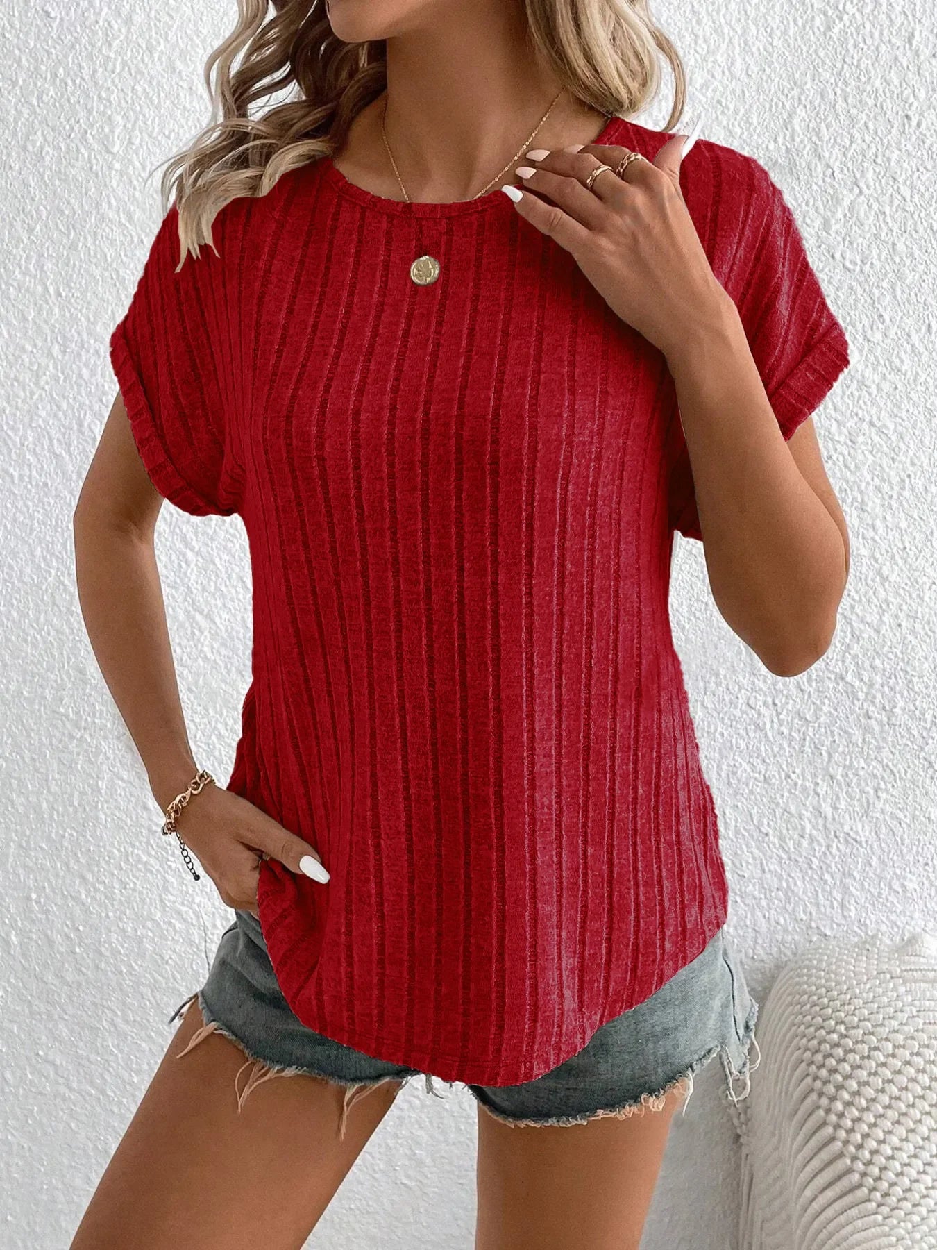 Plus Size Ribbed Texture Short Sleeve T-Shirt - Southern Shores Clothing