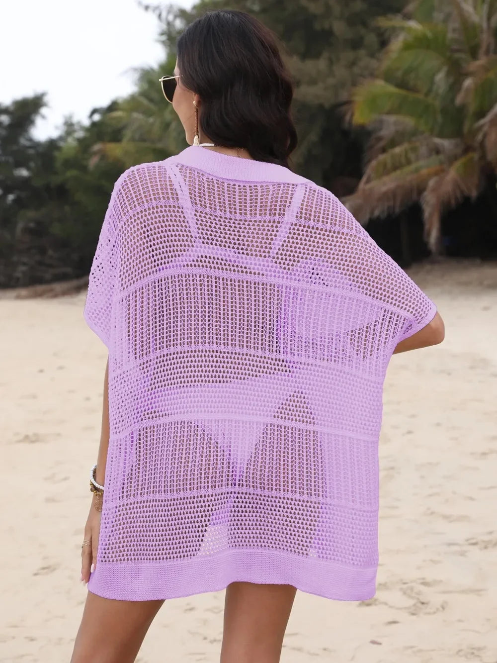 One Size Sheer Hollow Out Collared Neck Cover Up - Southern Shores Clothing