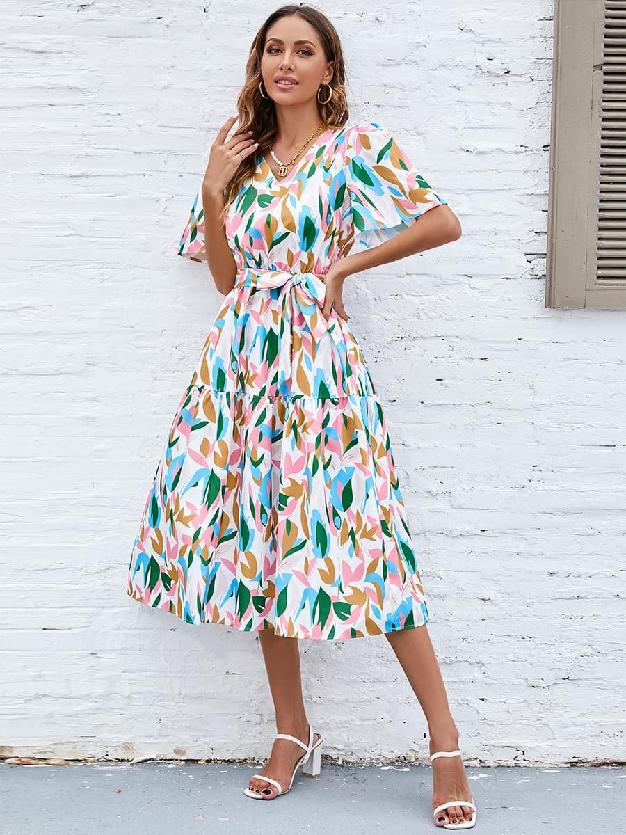 Printed Tie-Waist V-Neck Flutter Sleeve Dress - Southern Shores Clothing