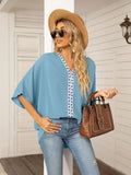 Printed Trim V-Neck Batwing Sleeve Blouse - Southern Shores Clothing