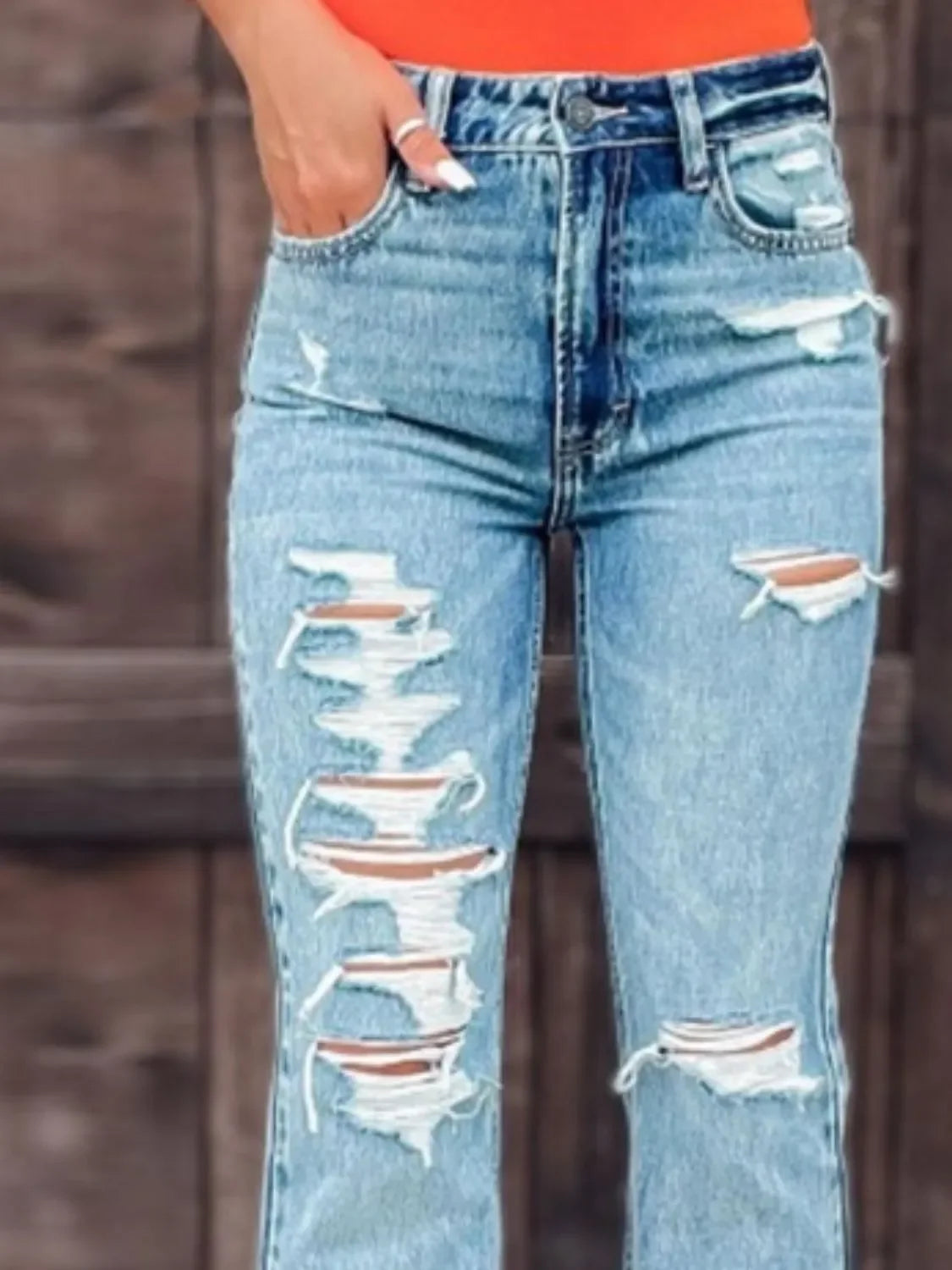 Stretch Denim Beach Inspired Distressed Slit Bootcut Jeans