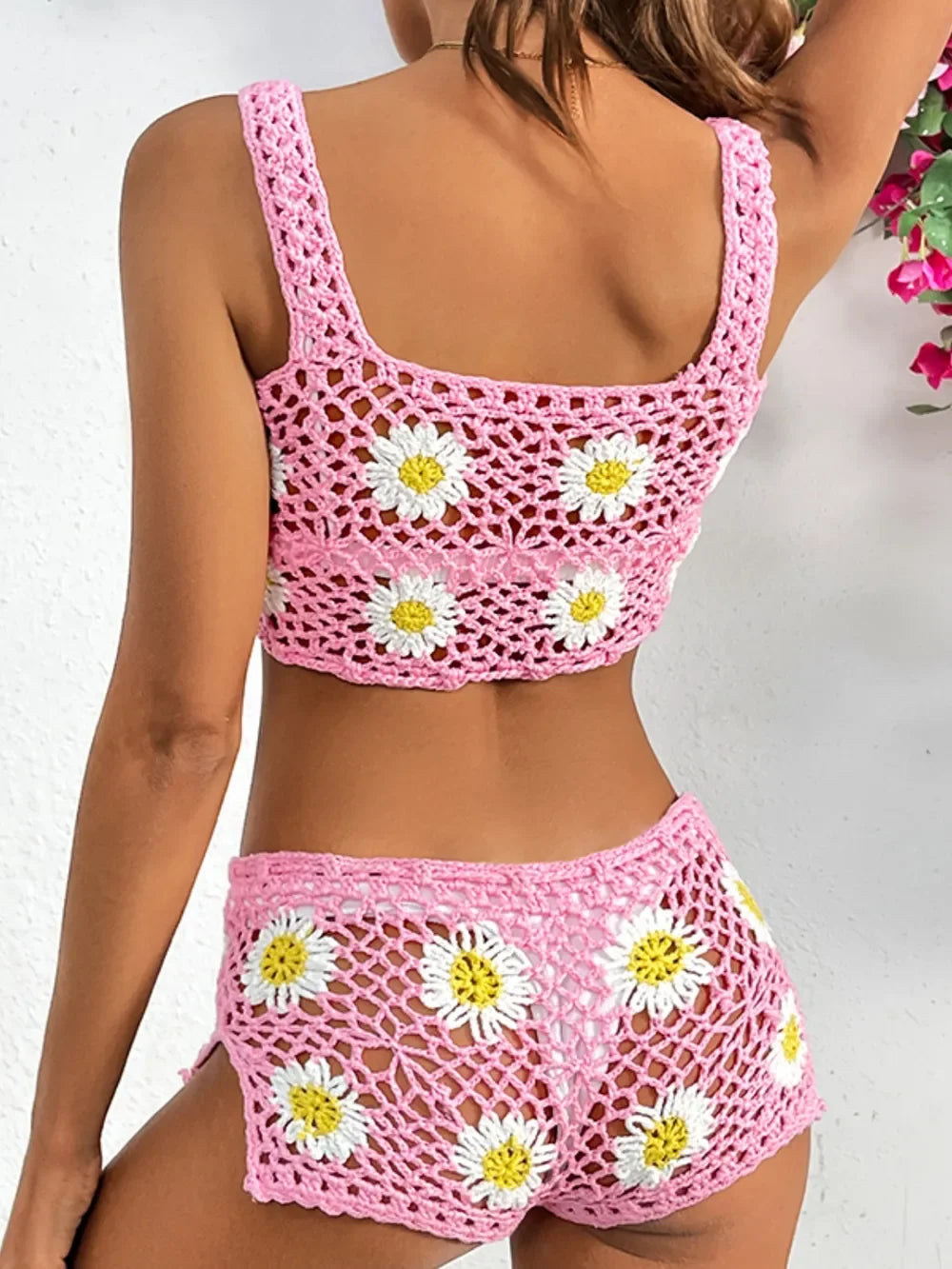 Crochet Flower Cutout Wide Strap Two Piece Cover Up With Daisies - Southern Shores Clothing