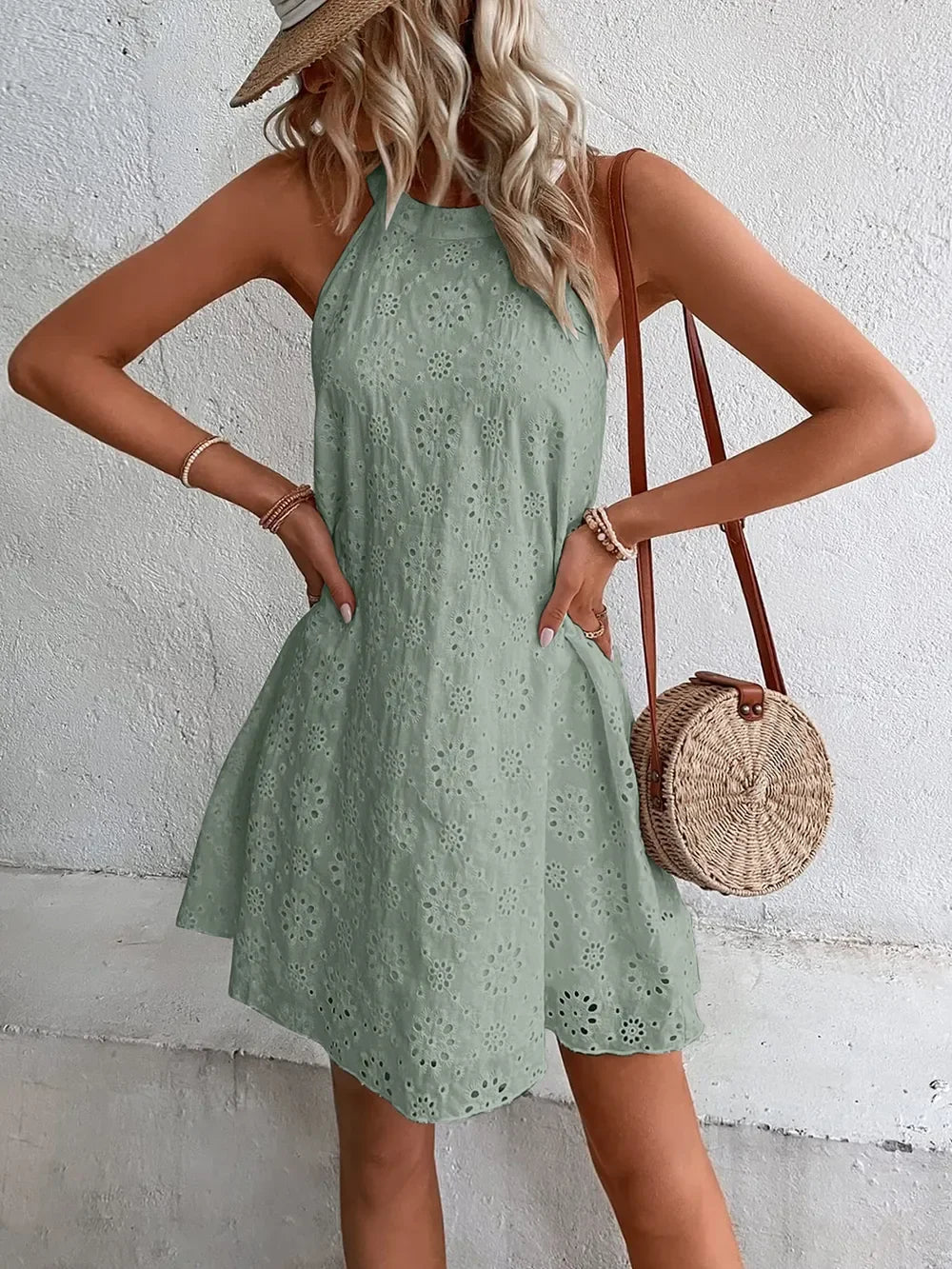 Eyelet Grecian Neck Mini Dress Coastal Style - Southern Shores Clothing
