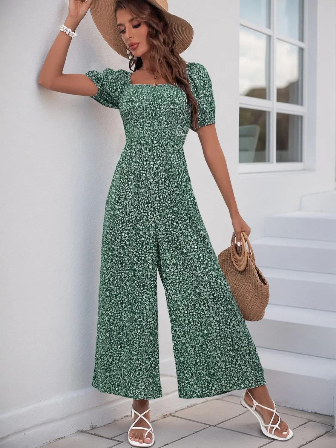 Printed Square Neck Puff Sleeve Jumpsuit - Southern Shores Clothing