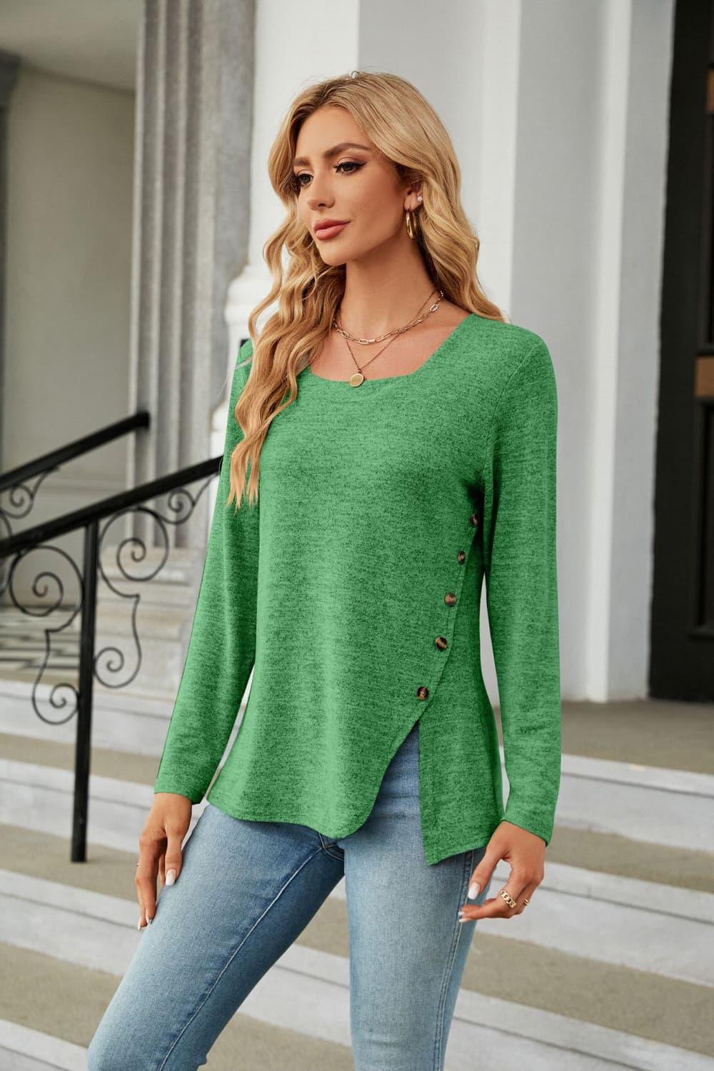 Square Neck Long Sleeve Slit Stretchy T Shirt - Southern Shores Clothing