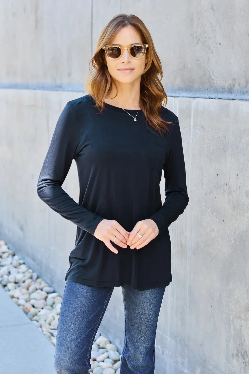 Round Neck Long Sleeve Top With Pockets Classic - Southern Shores Clothing