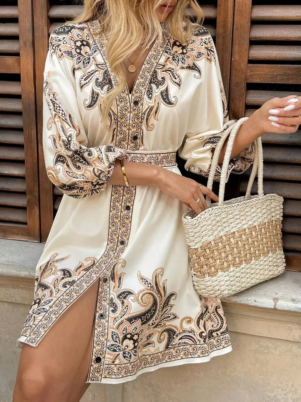 Paisley Print V Neck Mini Dress Tie Belt Three Quarter Sleeve - Southern Shores Clothing