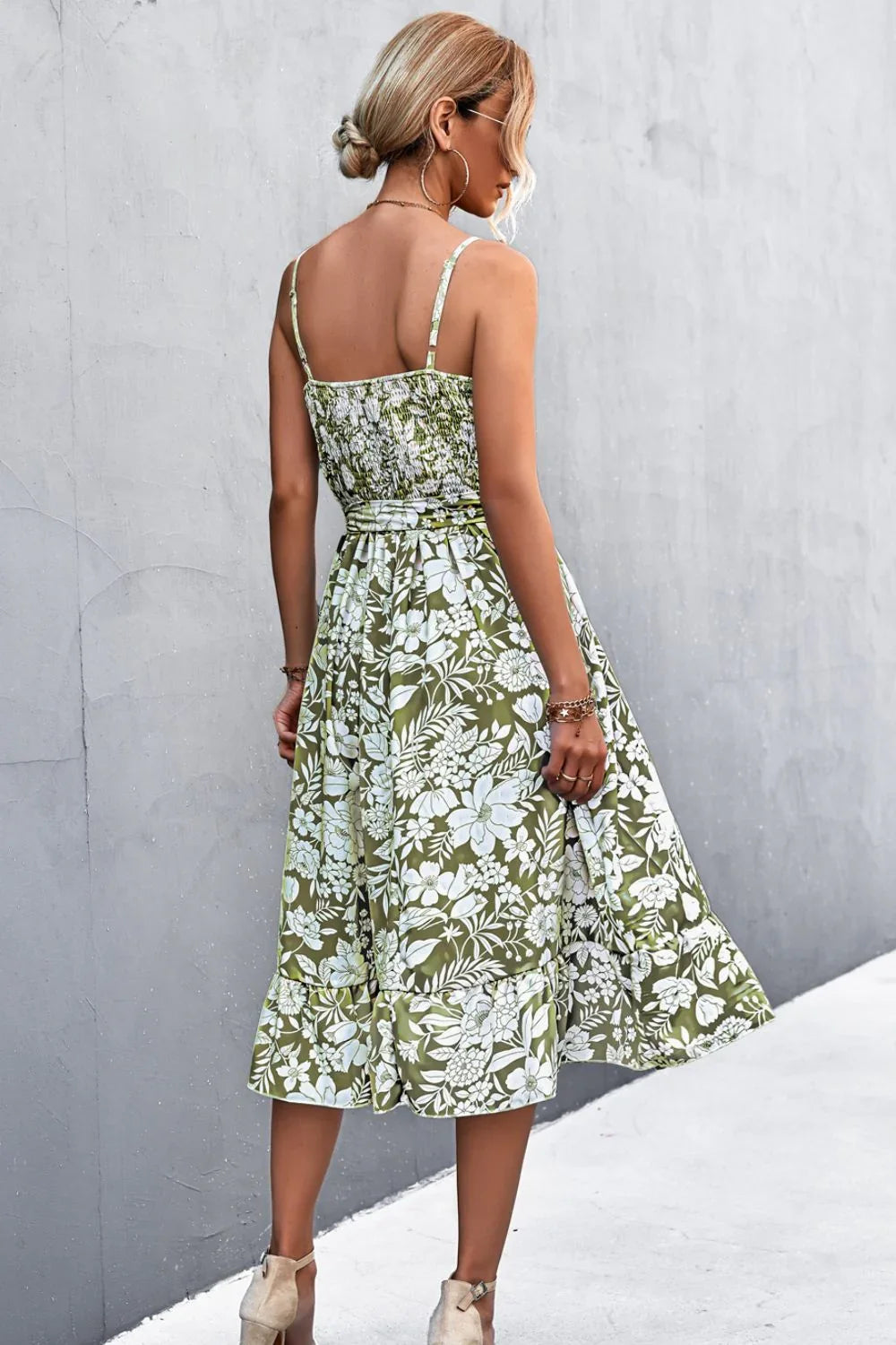 Floral Frill Trim Scoop Neck Spaghetti Strap Dress - Southern Shores Clothing