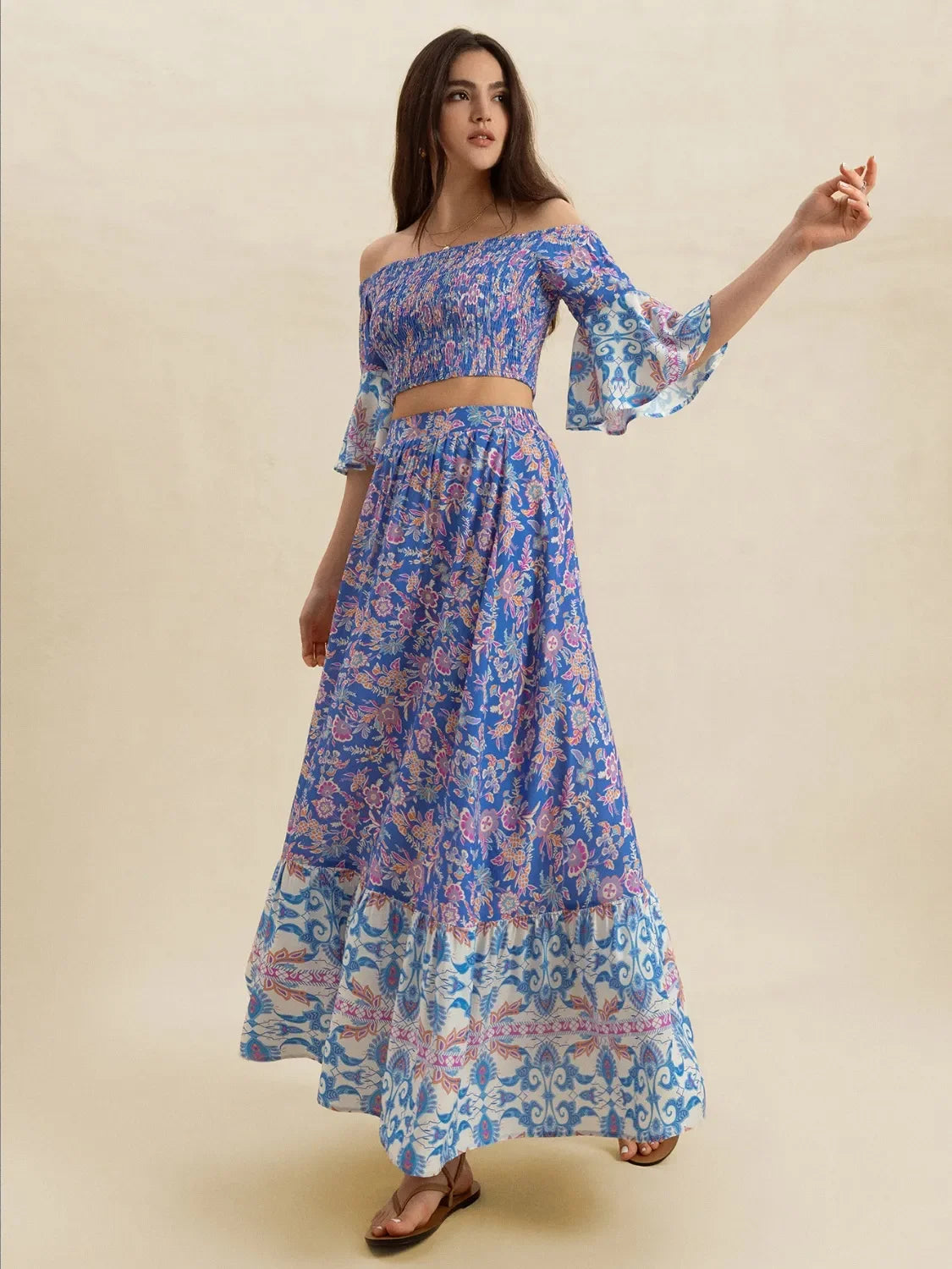 Smocked Off Shoulder Floral Top And Skirt Two Piece Set - Southern Shores Clothing