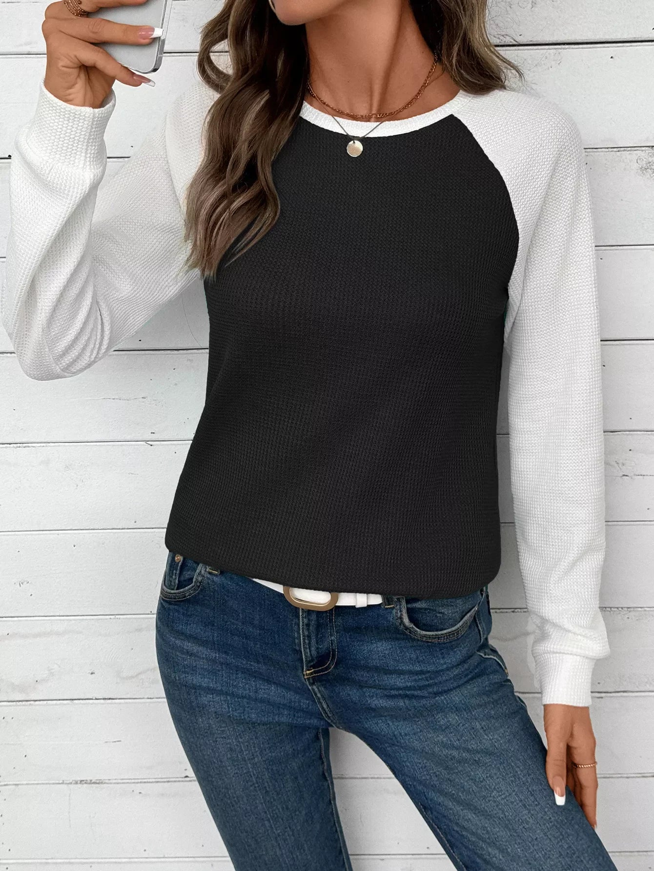 Contrast Raglan Sleeves Waffle Knit T Shirt - Southern Shores Clothing