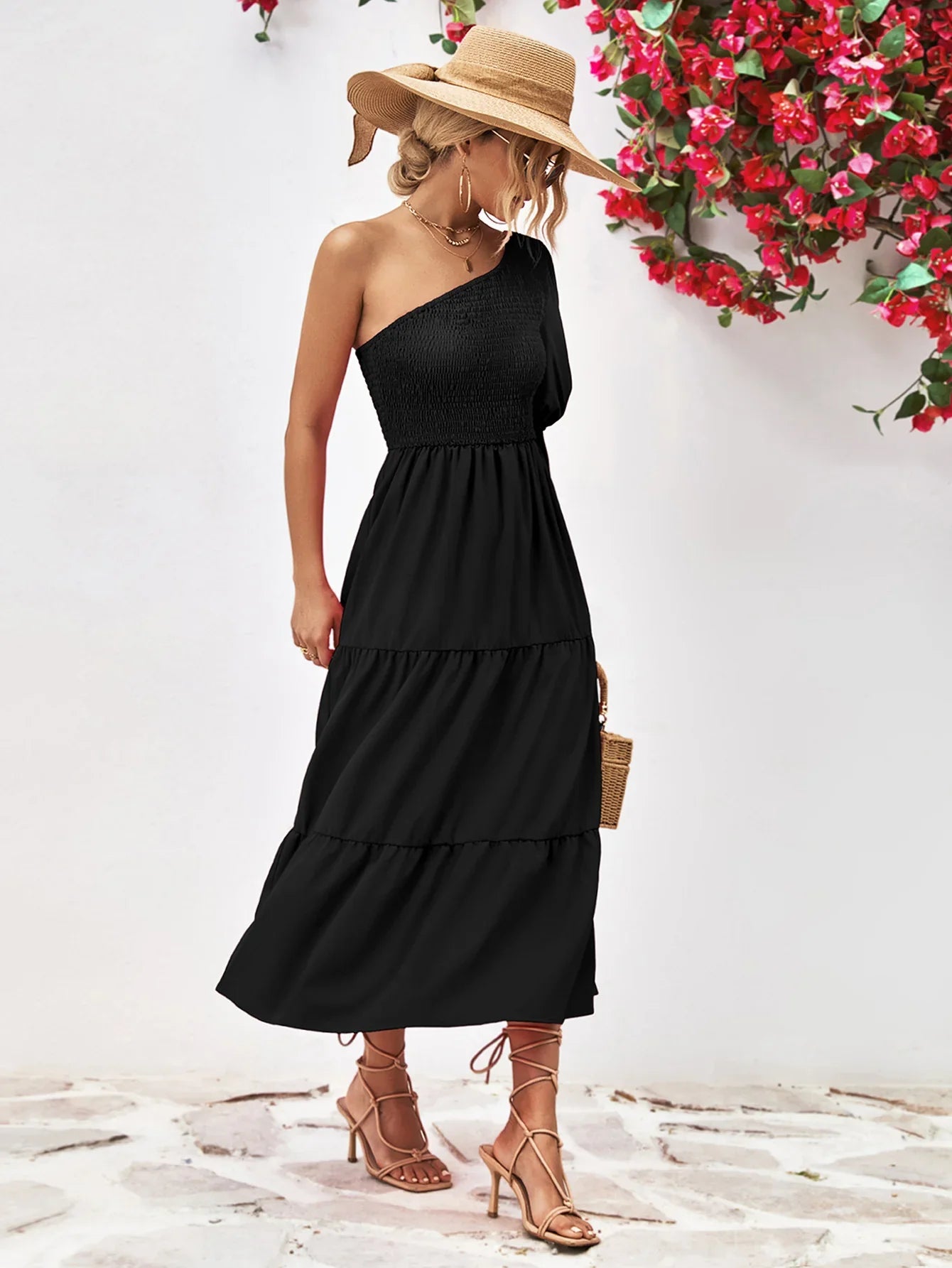 Smocked One-Shoulder Midi Dress Silhouette - Southern Shores Clothing