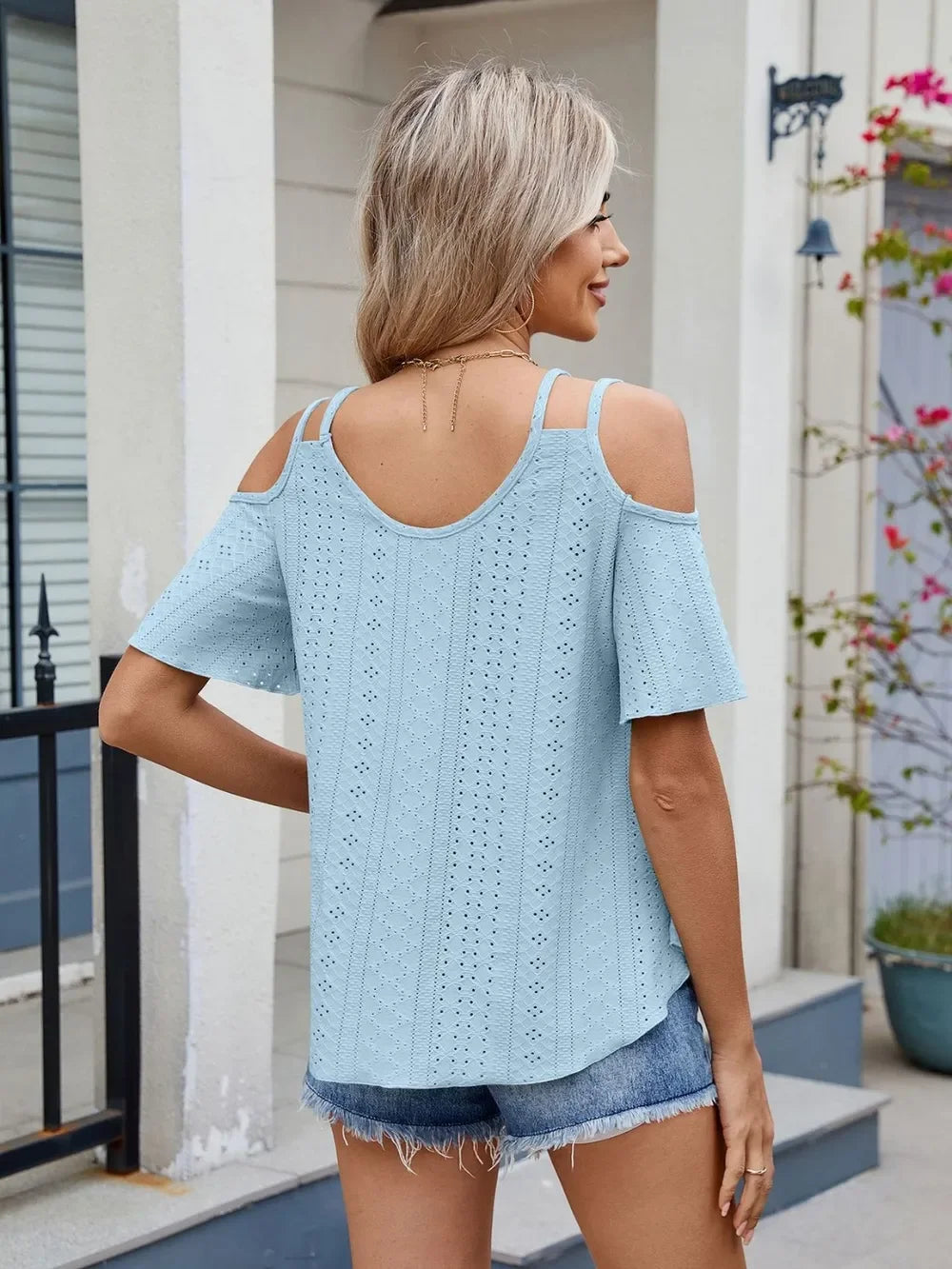 Florira Round Neck Cold Shoulder Eyelet T-Shirt - Southern Shores Clothing