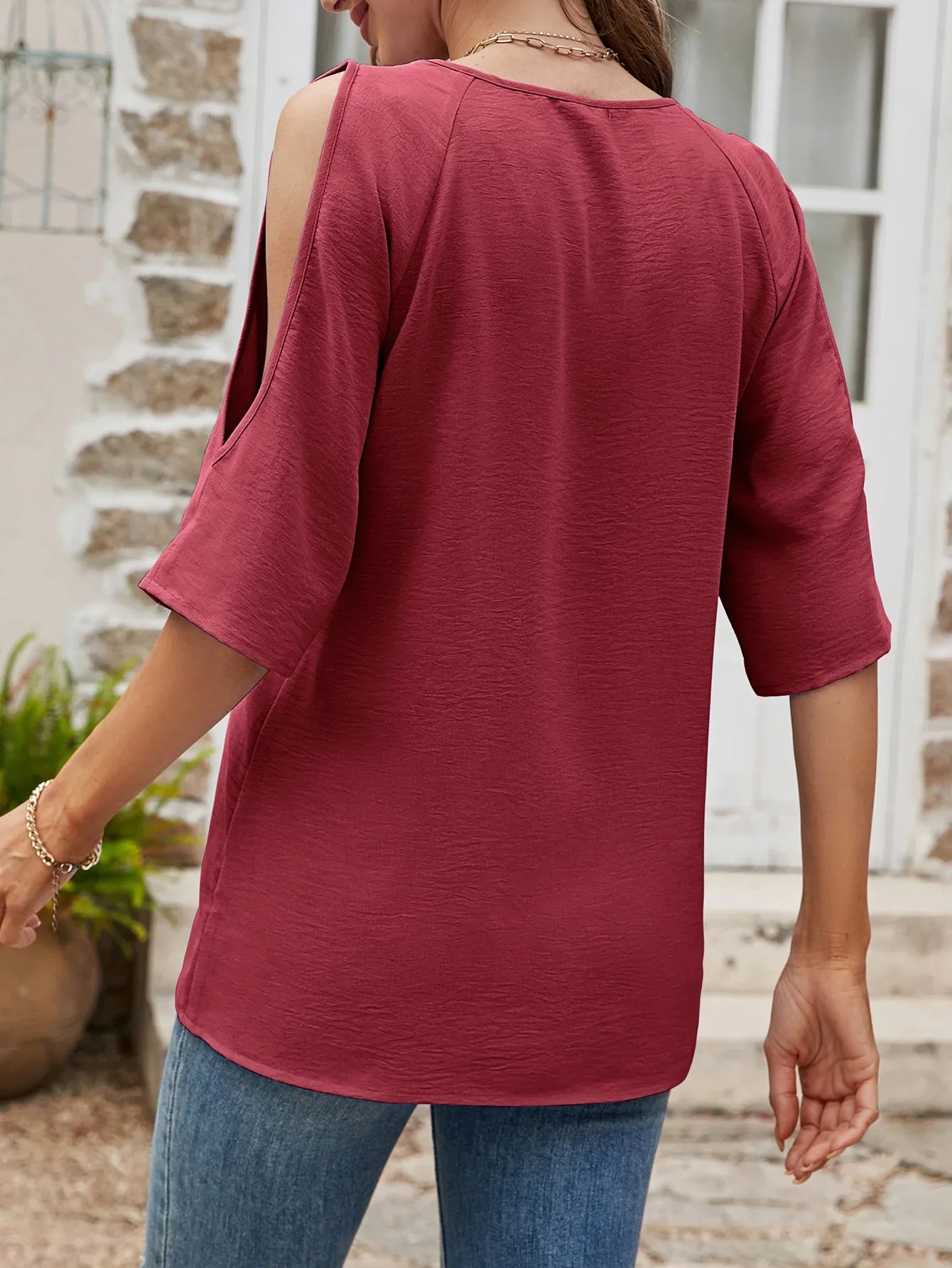 Textured Round Neck Split Sleeve Polyester Top - Southern Shores Clothing