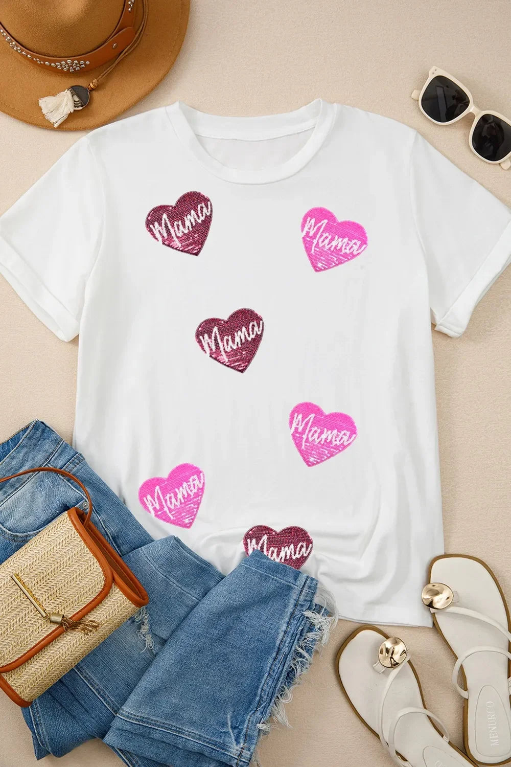 Heart Shape Sequin Patched Crew Neck T Shirt - Southern Shores Clothing