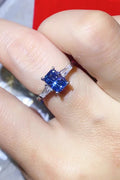 1 Carat Moissanite Blue Rectangle Ring Platinum Plated