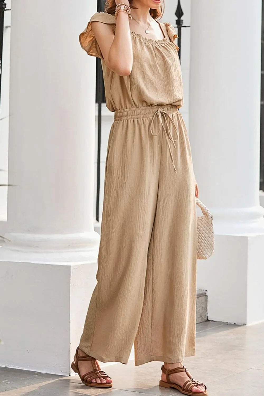 Ruffled Cap Sleeve Wide Leg Jumpsuit With Pockets - Southern Shores Clothing