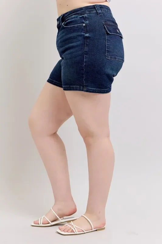 High Waist Denim Shorts With Back Flap Pocket Plus Size - Southern Shores Clothing