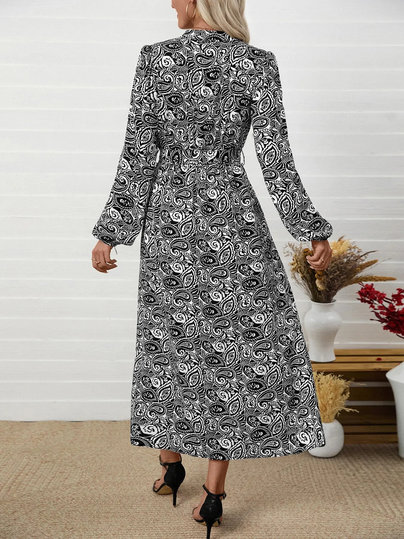 Paisley Print Long Sleeve Midi Dress With Tie Waist Boho - Southern Shores Clothing