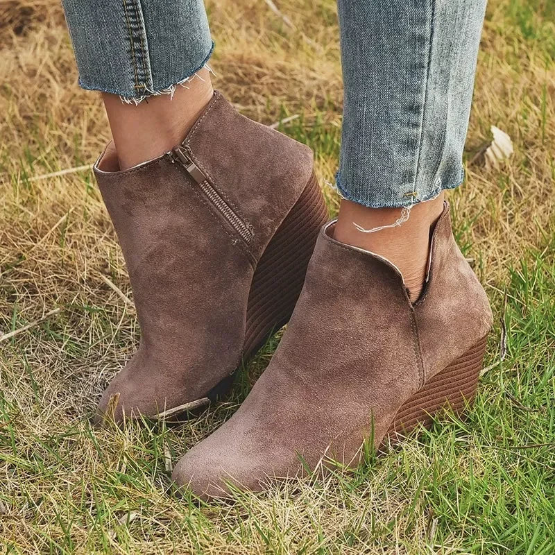 Suede Wedge Boots With Side Zipper Closure