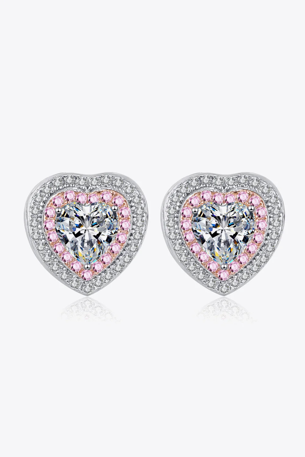Moissanite Heart-Shaped Stud Earrings With Pink Zircon Halo - Southern Shores Clothing